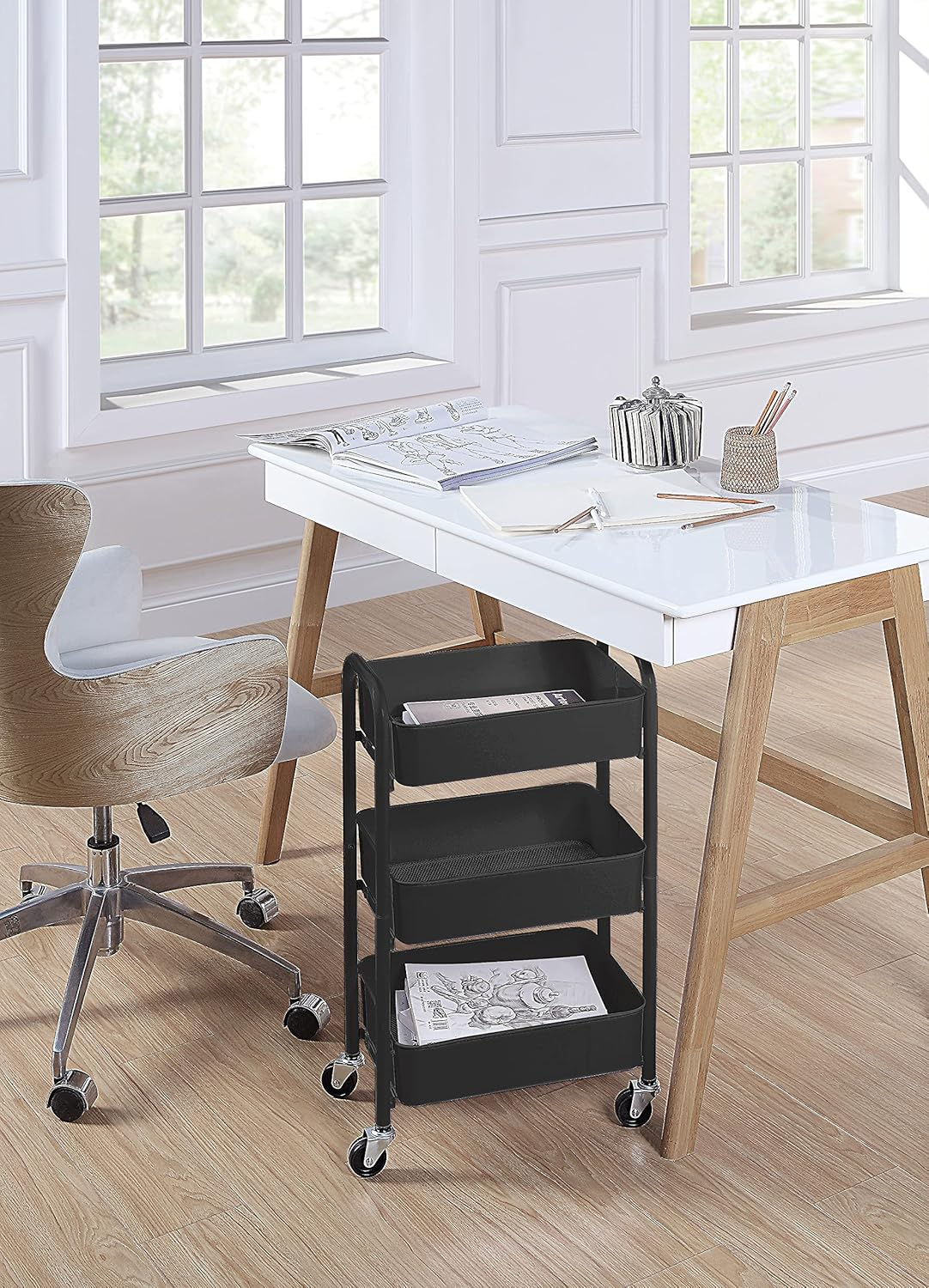 Sunnypoint 3-Tier Delicate Compact Rolling Metal Storage Organizer - Mobile Utility Cart Kitchen/Under Desk Cart with Caster Wheels (BLK, Compact (15.5" X 26.8" X 10.27")) image number 5