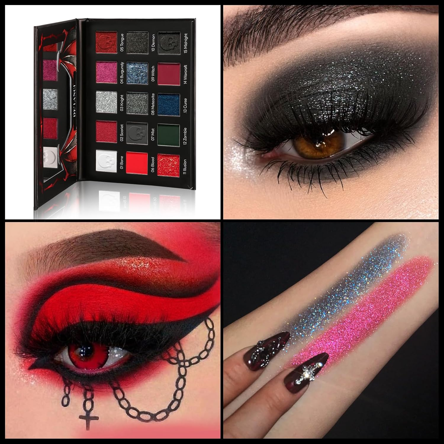 Red/Black Eyeshadow Palette, Gothic Red Eyeshadow Halloween Makeup, Black-Silver Shimmer Glitter Eyeshadow Pallet Burgundy Smokey Matt Eye Shadow for SFX Clown Vampire Christmas Looks image number 2