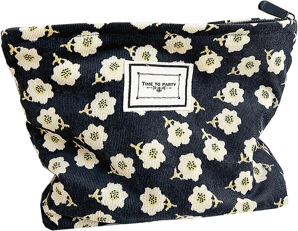 Gidary Floral Cosmetic Bag Makeup Bag Preppy Cute Corduroy Toiletry Bag for Women Travel Essentials（Green）