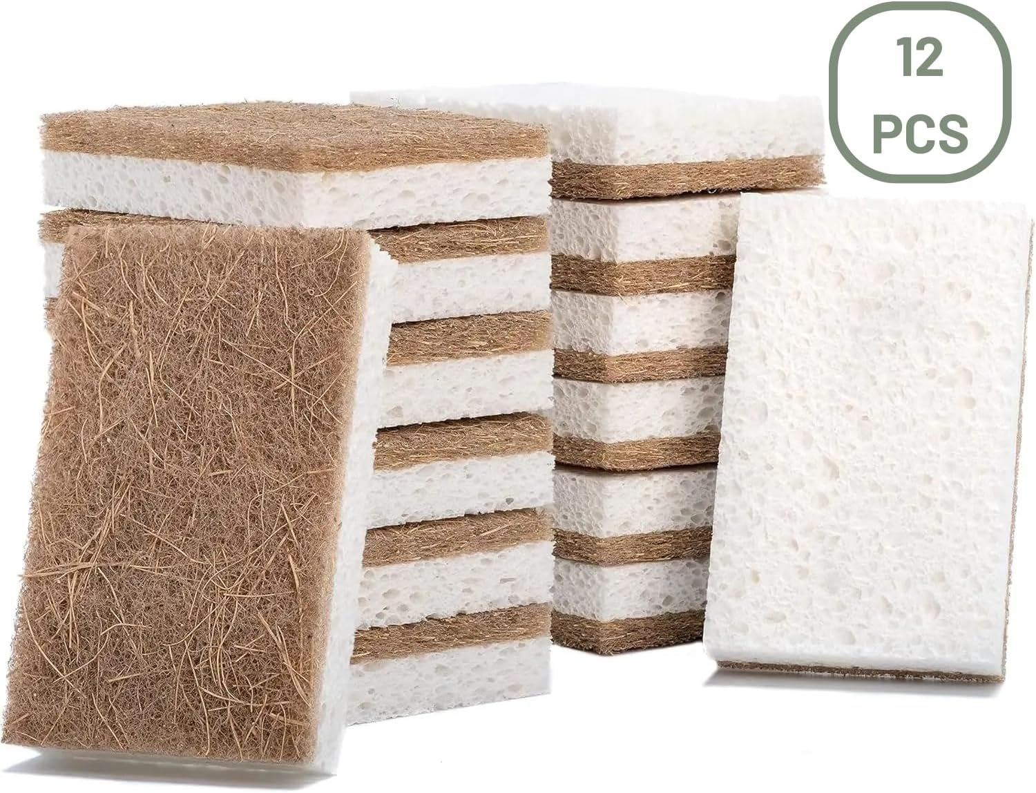 12 Pack Natural Kitchen Sponge - 12 Pcs Plant Based Sponge - Biodegradable Compostable Cellulose and Coconut Scrubber - Pack of 12 Eco Friendly Sponges for Dishes, Kitchen, Bathroom, Household -BRELTY image number 2