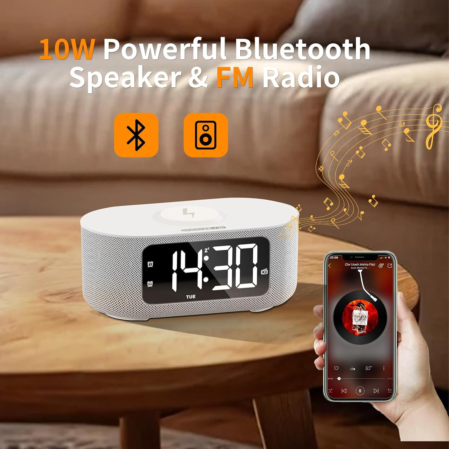Sound Machine Alarm Clock for Bedroom, 15W Fast Wireless Charger, Digital Clock with FM Radio, Nightlight, Snooze, Dimmer, Bluetooth Stereo Speaker, White Noise Machine for Sleeping with 25 Sounds image number 3