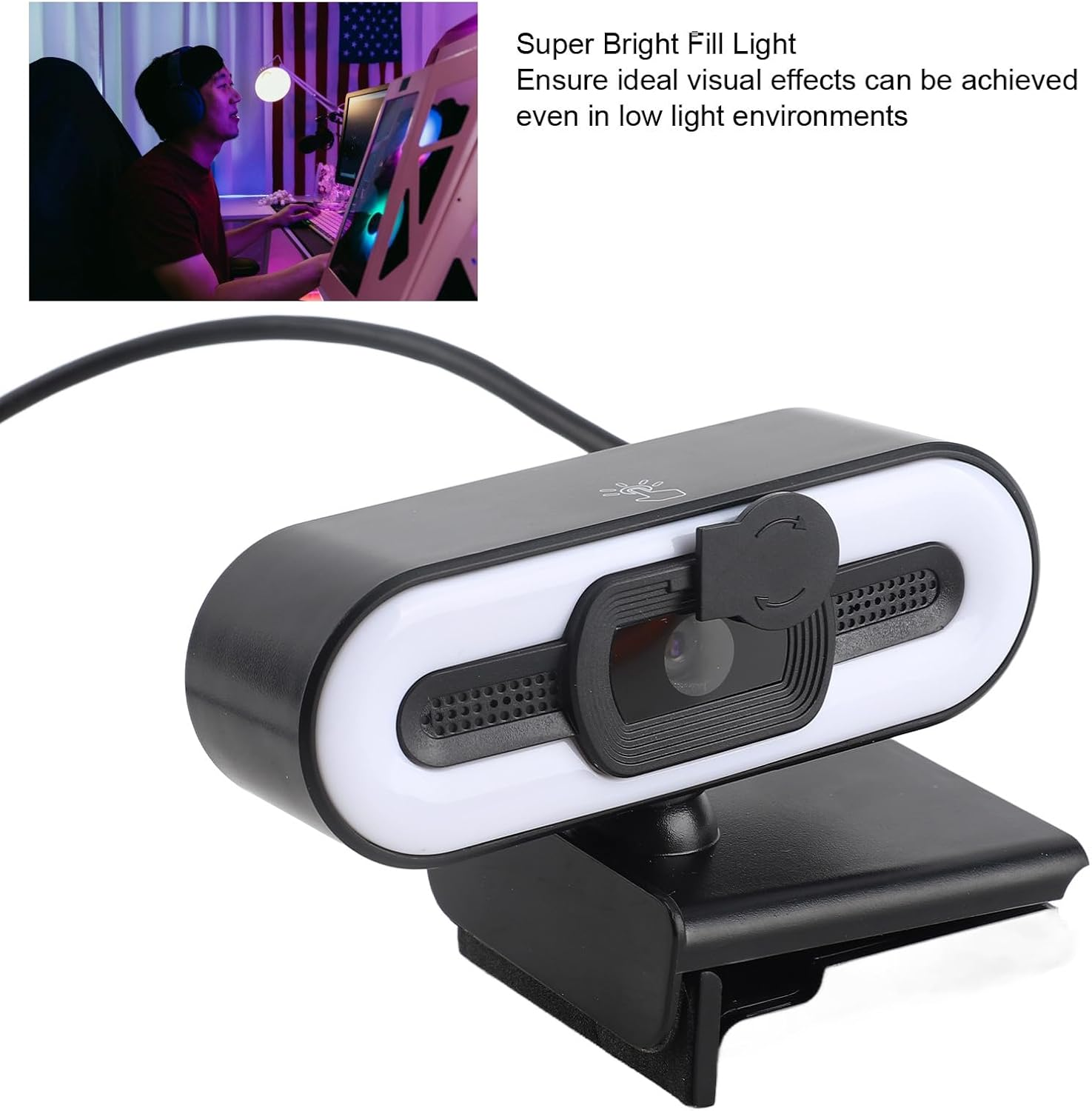 4K Webcam with Built-In Microphone, Bright Fill Light, Auto Beauty, USB 2.0 Interface, Tof Autofocus for Laptop, Desktop, LCD Monitor