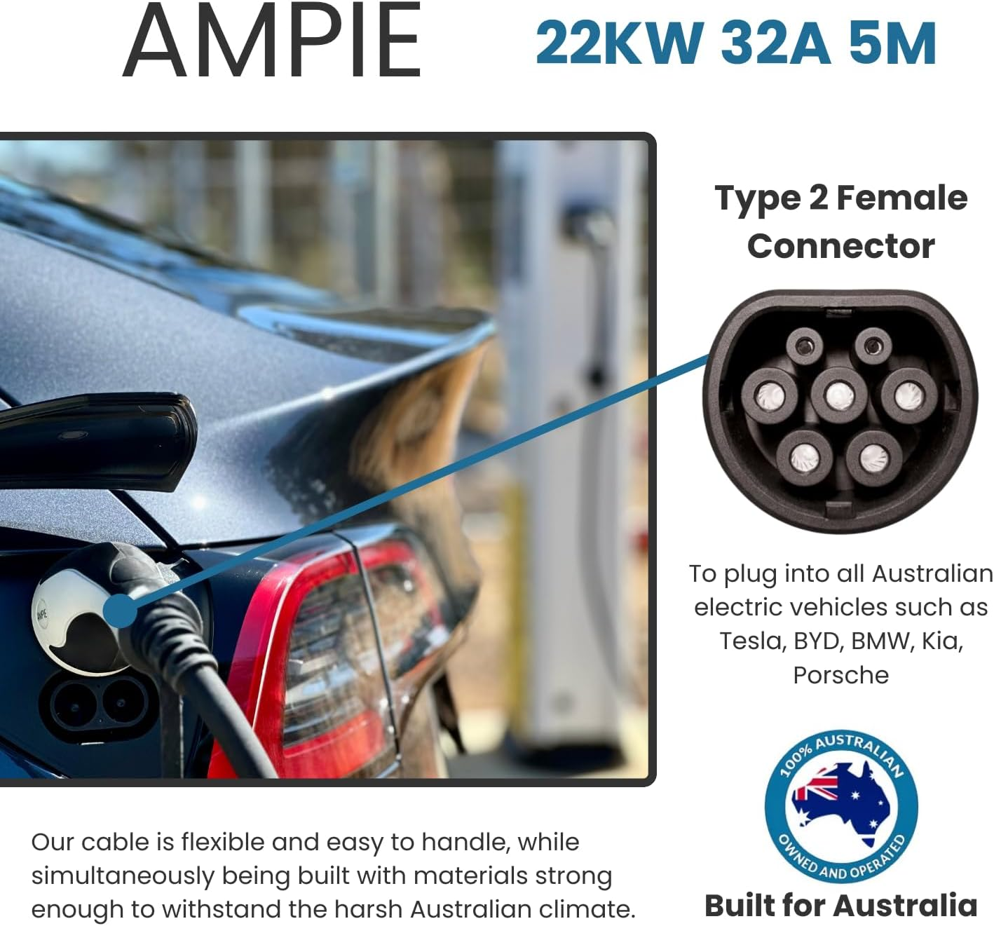 AMPIE Type 2 Electric Vehicle Fast Charging Cable | 22KW | 32A | 3 Phase | 5 Meter image number 1