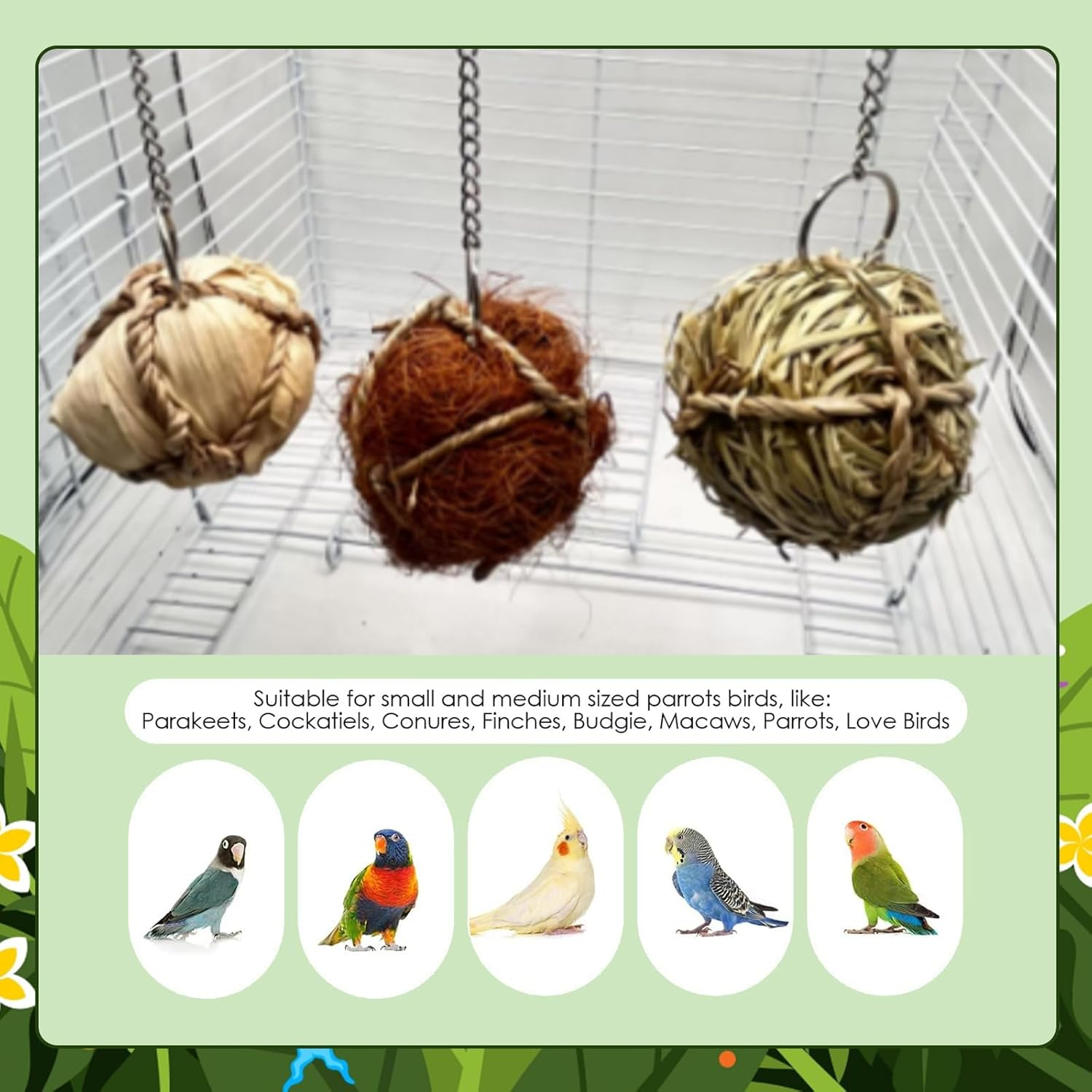 SUSOO 9-Pcs Natural Bird Chew Toys Set, Safe Hangable Shredding Foraging Toys with Sola Balls, Rattan & Corn Vines for Parrots, Parakeet, Budgie, Conure, Love Birds, Cockatiel and Small Pets image number 1