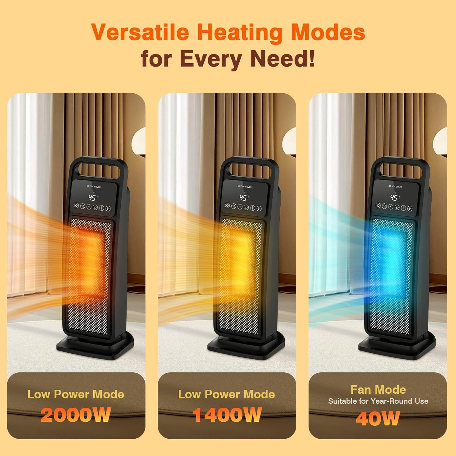 Advwin Heater 2000W Self-Regulating Ceramic Electric Portable Heater with Remote for Office, Bedroom, Adjustable Temperature, Black - Black image number 6