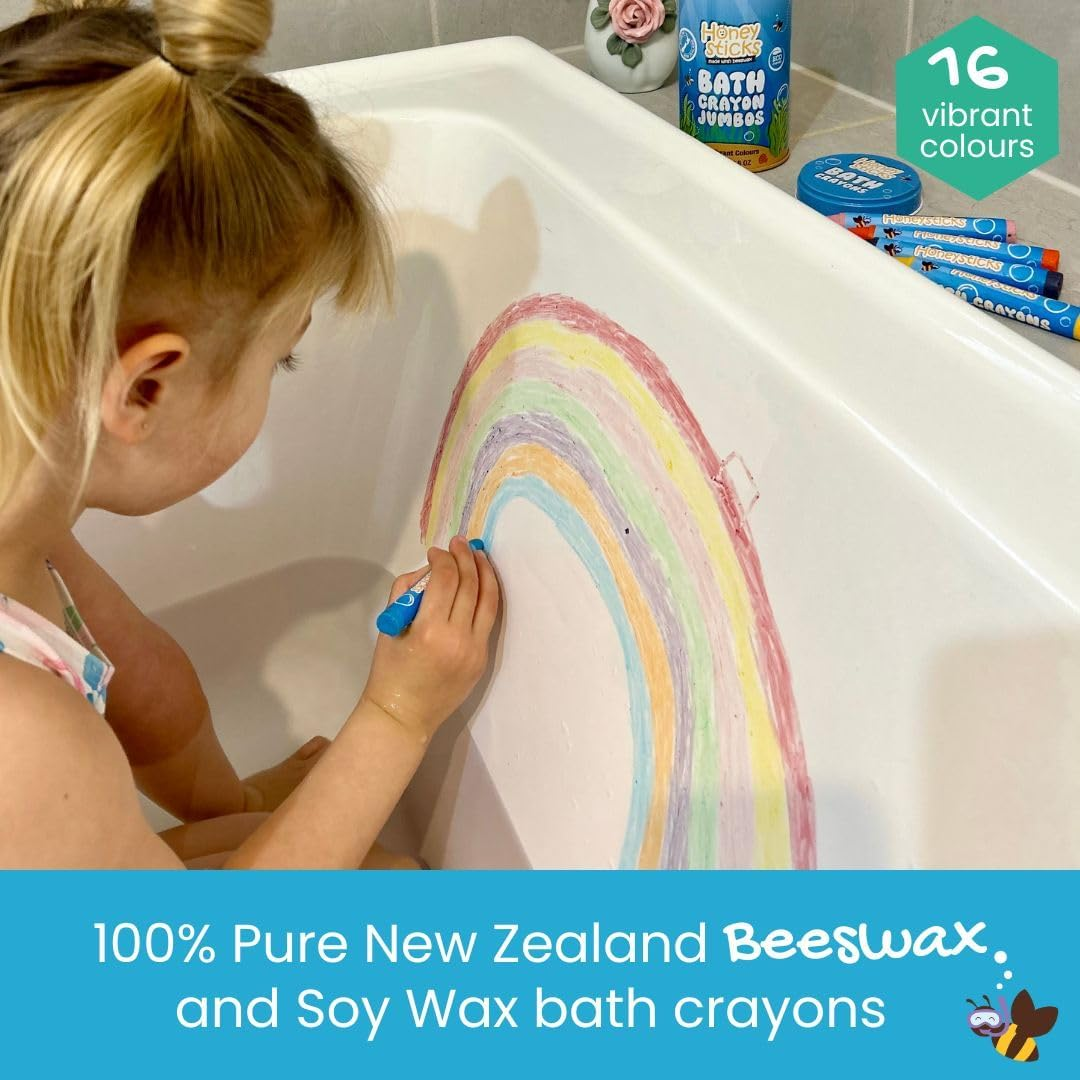Honeysticks Jumbo Bath Crayons Non Toxic (16 Pack) for Toddlers 1-3 and Kids 4-8, Natural Beeswax Crayons, Food-Grade Colors, Fragrance Free, Non Irritating, Bath Toys for Bathtub, Shower, Gift image number 4