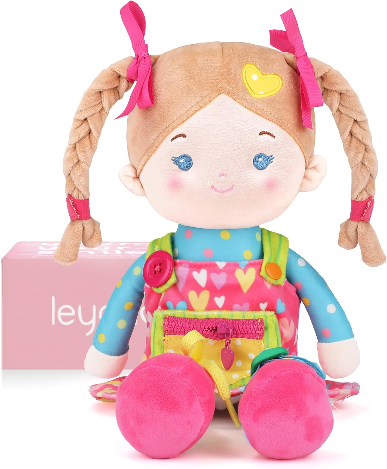 Leyadoll Educational Soft Baby Doll(16''), Learning Sensory Doll for Toddlers, Montessori Toys for 2-Year-Old Girls Christmas, Birthday Gifts, Plush Doll with Zipper, Shoelace, Button-Busy Sweetheart - Jucy Girl-Pink image number 4