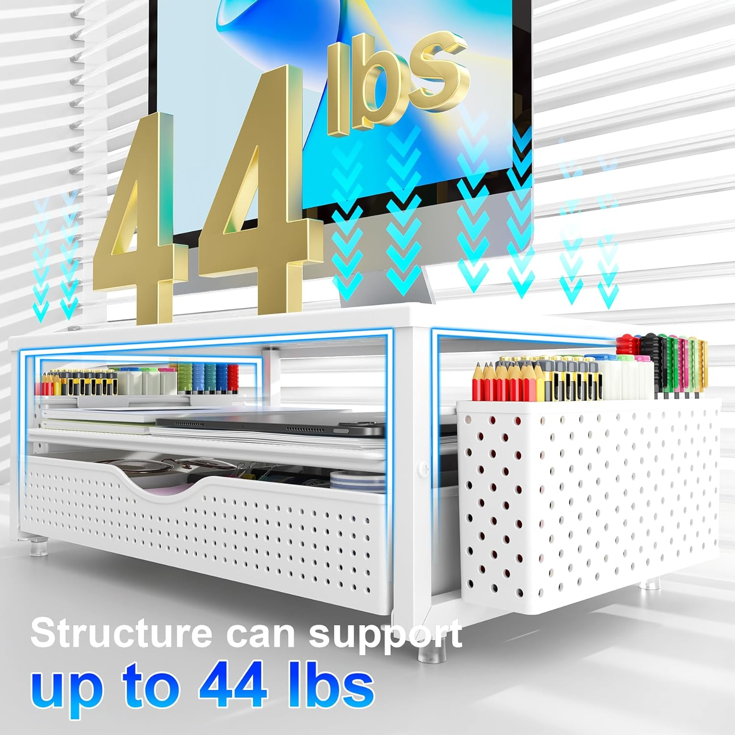 Gianotter Monitor Stand Riser, Desk Organizer with Drawer and Pen Holder, 2-Tier Computer Stand, Desk Accessories & Workspace Organizers(White) image number 5