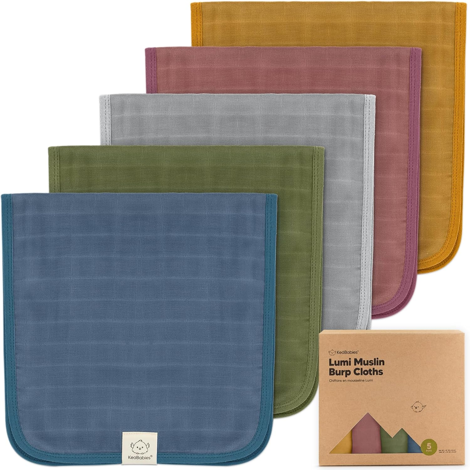 Keababies 5-Pack Muslin Baby Burp Cloths - Organic White Bamboo Cotton Burp Cloth - Burp Rags - Neutral Burp Clothes for Baby Girl, Boy, Newborn (Keababies)