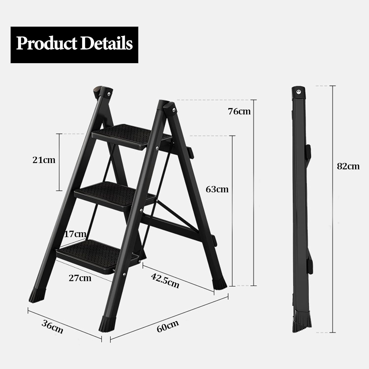 Foldable Black Step Ladder, 3 Step Stool with Wide Anti-Slip Pedal, Portable Sturdy Steel Ladder, 42 * 71 * 80Cm
