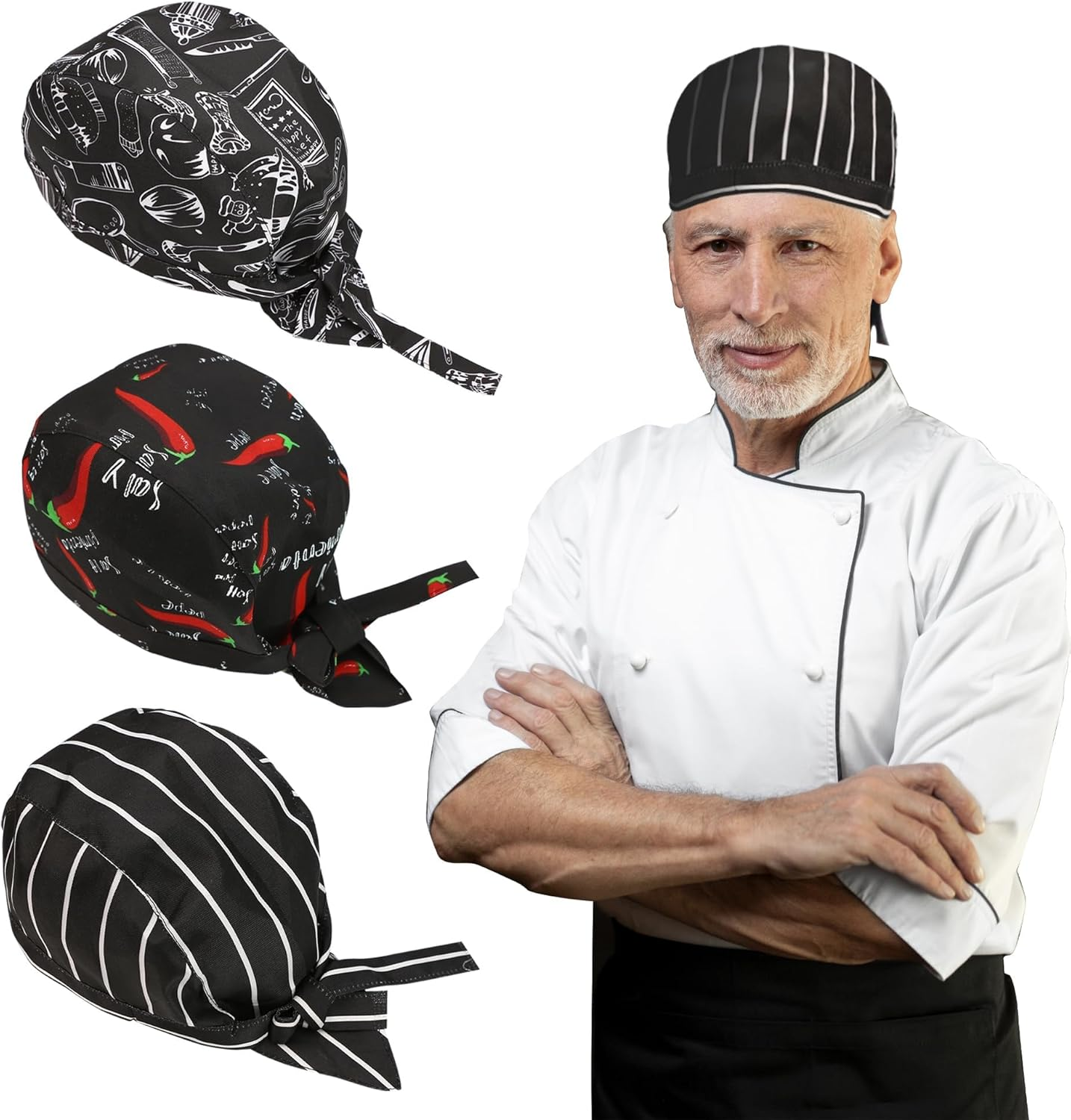 3 Packs Chef Hat, Catering Chef Hat, Professional Head Scarf for Men and Women, Kitchen Cooking Chef Cap, Adjustable Kitchen Cooking Chef Cap for Hotel Restaurant K-Itchen C-Ooking Service image number 2