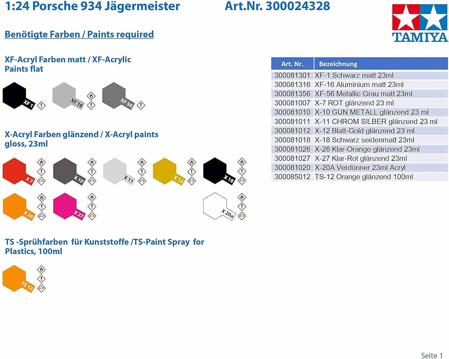 Tamiya 1:24 Scale Porsche Turbo RSR Type 934 Car Model Kit image number 3