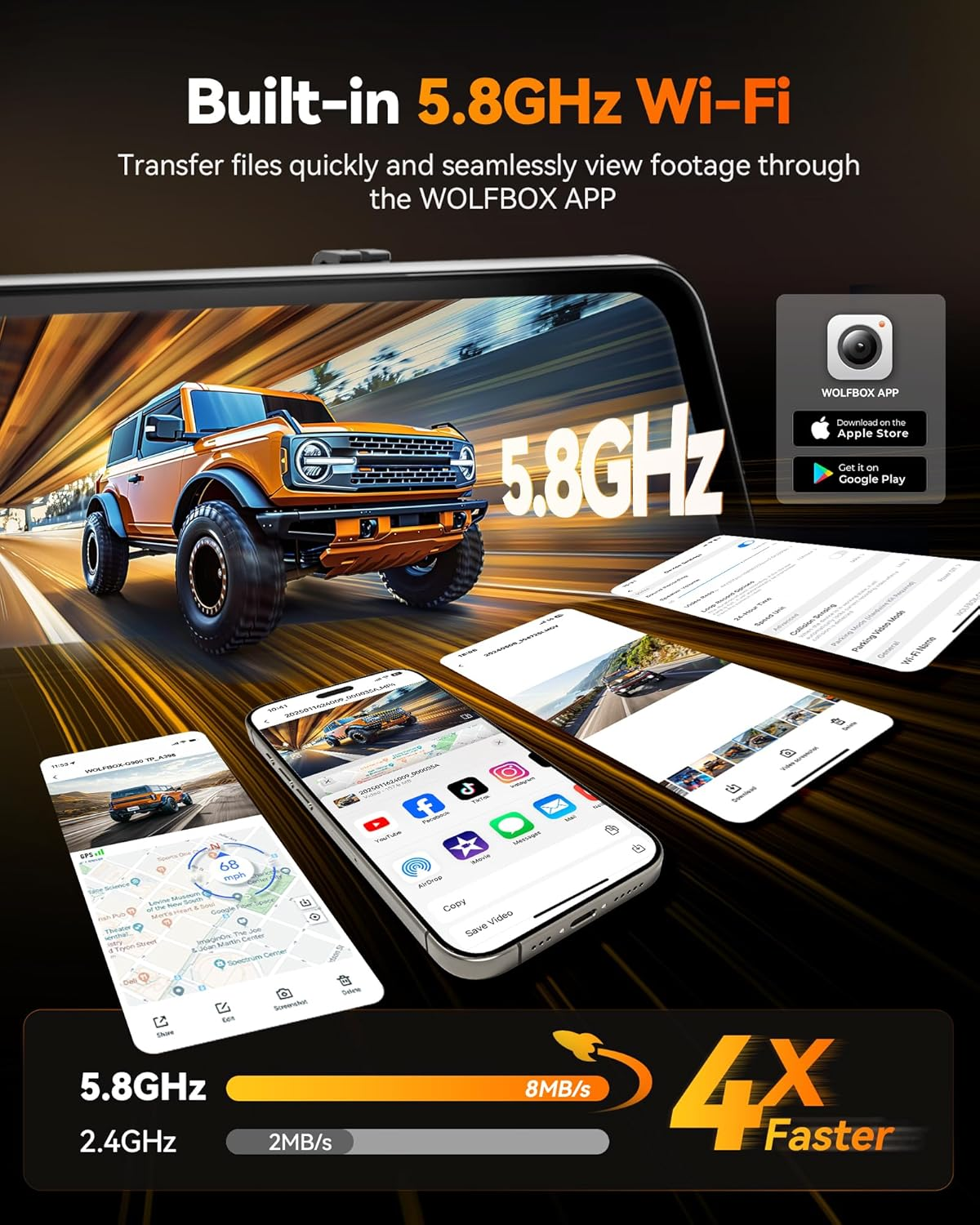 WOLFBOX G900 Tripro Cabin Version 3 Channel Mirror Dash Cam Front and Rear, 4K+1080P+2.5K Dash Cam with STARVIS 2 IMX678 Night Vision, 5.8Ghz Wifi, Voice Control, 24H Parking Mode, 256GB Card image number 5