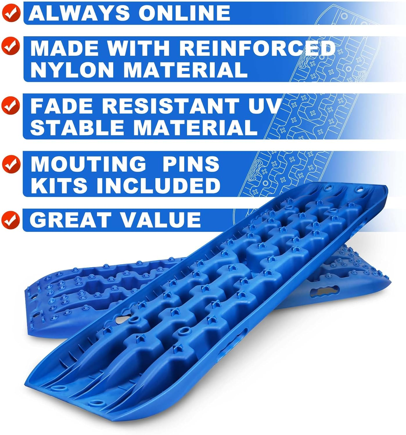 X-Bull Recovery Tracks with Bag and Mounting Pin Set 4X4 Recovery Boards Offroad 4Wd Tracks 22046LBS/10000KG Stand for Automotive Accessories Tires and Wheels in the Sand Mud Snow(Gen 3.0 Blue) image number 1