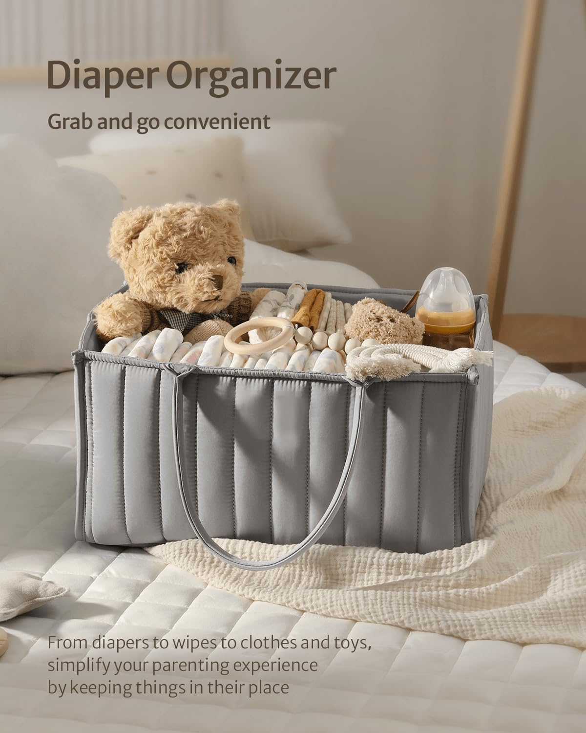 Baby Diaper Caddy Organiser, Large Nursery Storage Basket, Portable Nappy Organiser, Grey image number 6