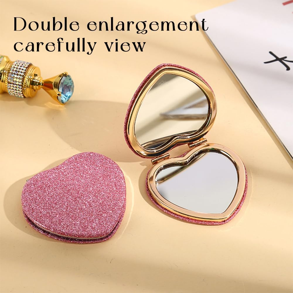 6 Pack Heart Compact Folding Mirror,Double Sided Cute Glitter Cosmetic,Portable Mini Pocket Makeup Mirror,For Handbag,Wallet,Home,Office,Travel image number 3