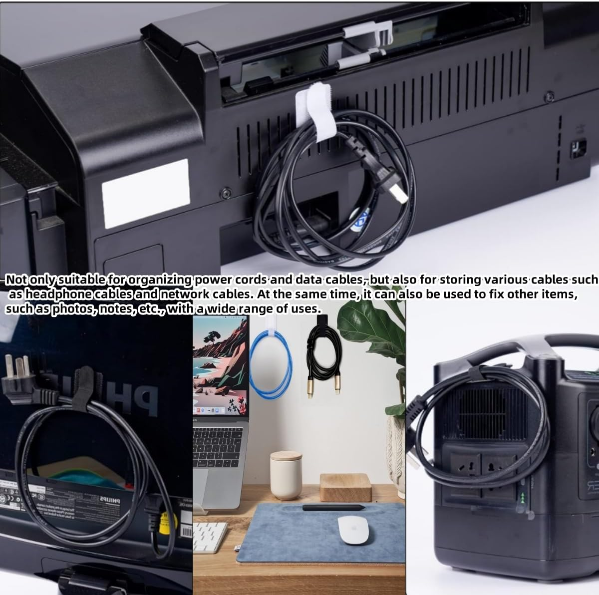 100Pcs Reusable Cable Ties,Self Adhesive Hook Loop Tape Heavy Duty Cable Straps, Sticky-Back Cord Organizer, Cable Clip, Household & Office Essentials (Black, White) image number 4