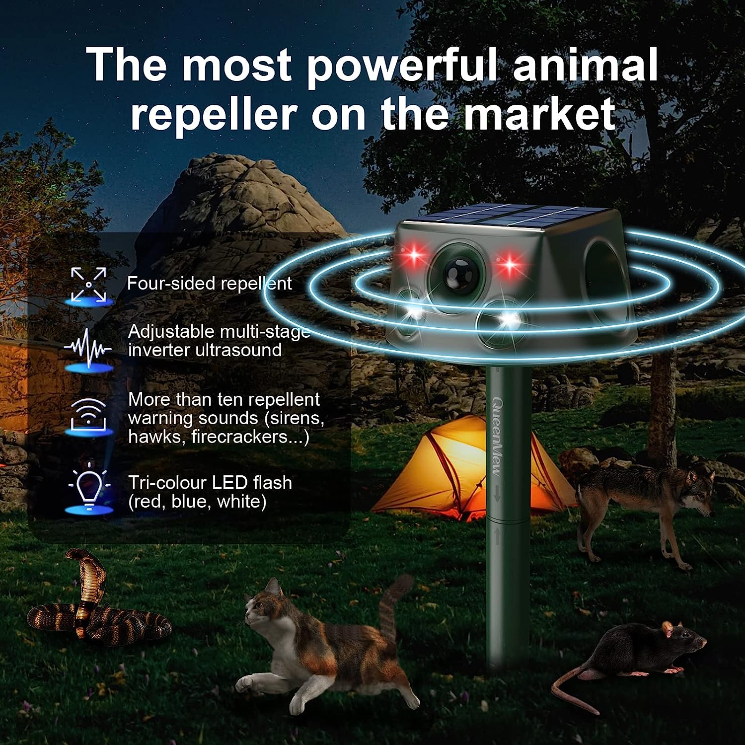 Solar Animal Ultrasonic Repeller, 240&deg; Ultrasonic Animal Repellent,Ipx66 Mole Repellent for Lawns Outdoor Solar Powered,Pest Control, Cat, Dog, Deer, Rabbit, Mice Repellent 40 FT PIR Sensor Repeller image number 1