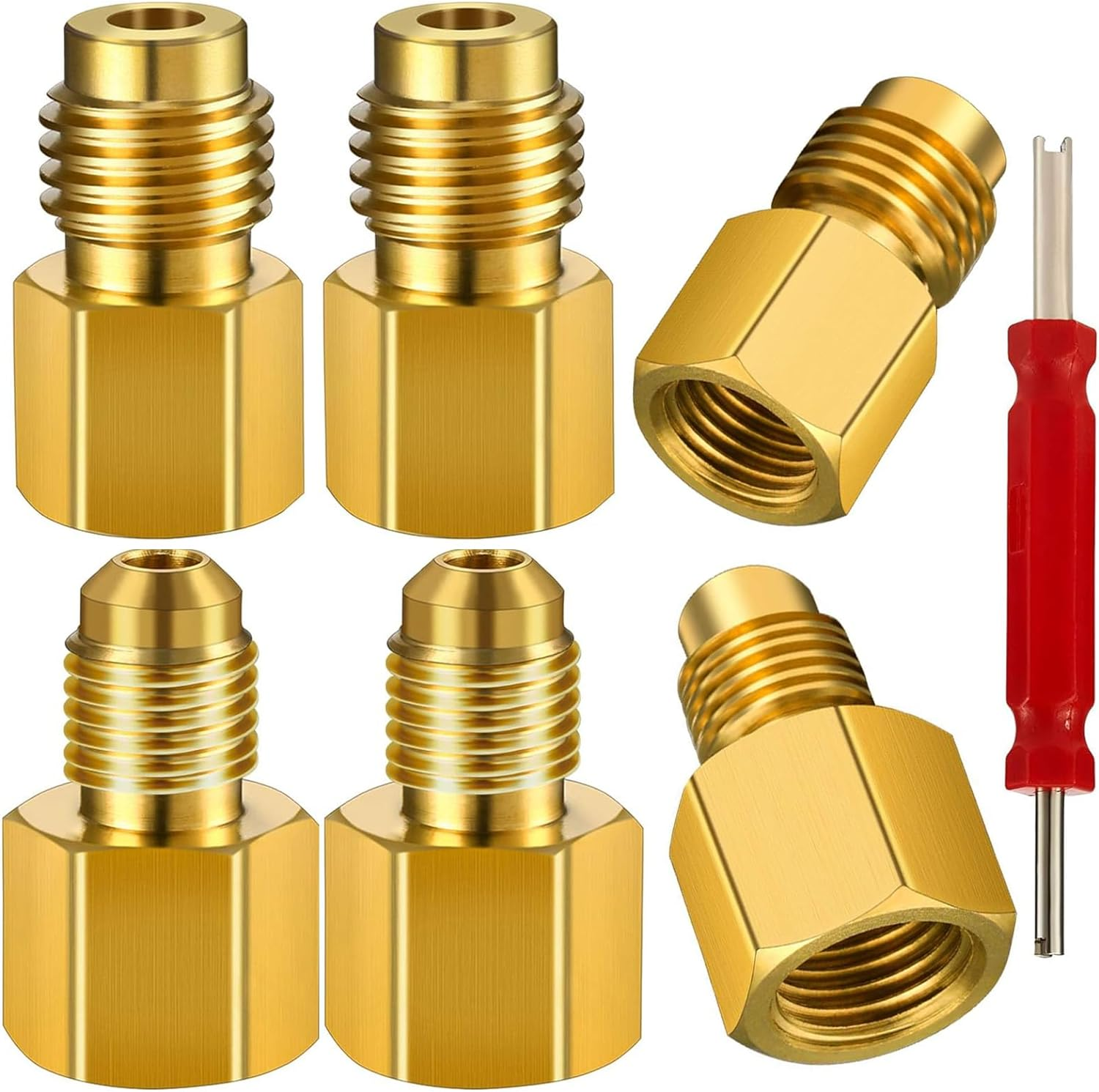 6 Pcs Brass Refrigerant Tank Adapter, with 1 Valve Core Remover, R12 R22 to R134A Adapters Kit, R134A Refrigerant Tank, Vacuum Pump Port Conversion Retrofit Kit,1/4''Flare Female, 1/2'' Male image number 6