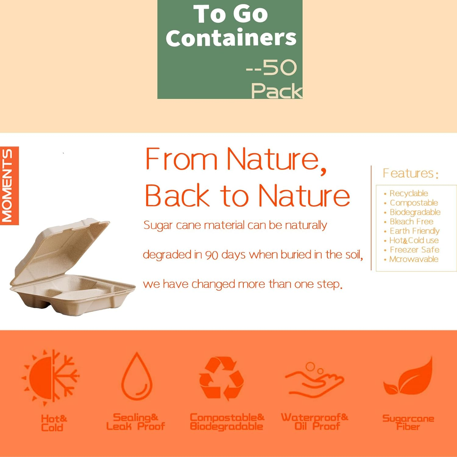 100% Compostable Take Out Food Containers, Disposable Flip-Top Box - 50Pack 8X8" 3-Compartment Heavy-Duty Lunch Box with Lid, Eco-Friendly Biodegradable Paper Fiber to Go Containers for Food image number 2