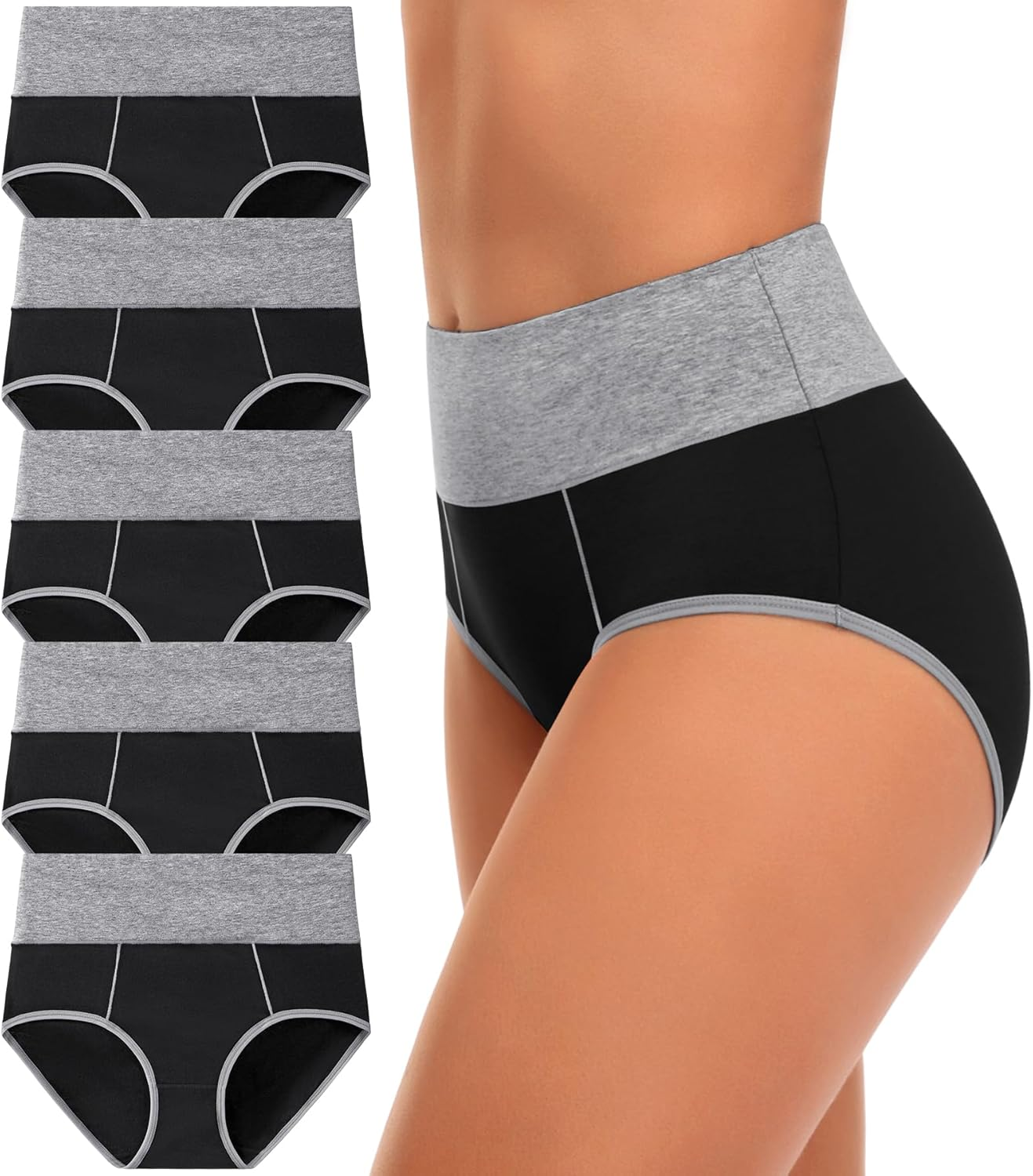 High Waisted Underwear for Women Cotton No Muffin Top Full Coverage Briefs Soft Stretch Ladies Panties 5 Pack