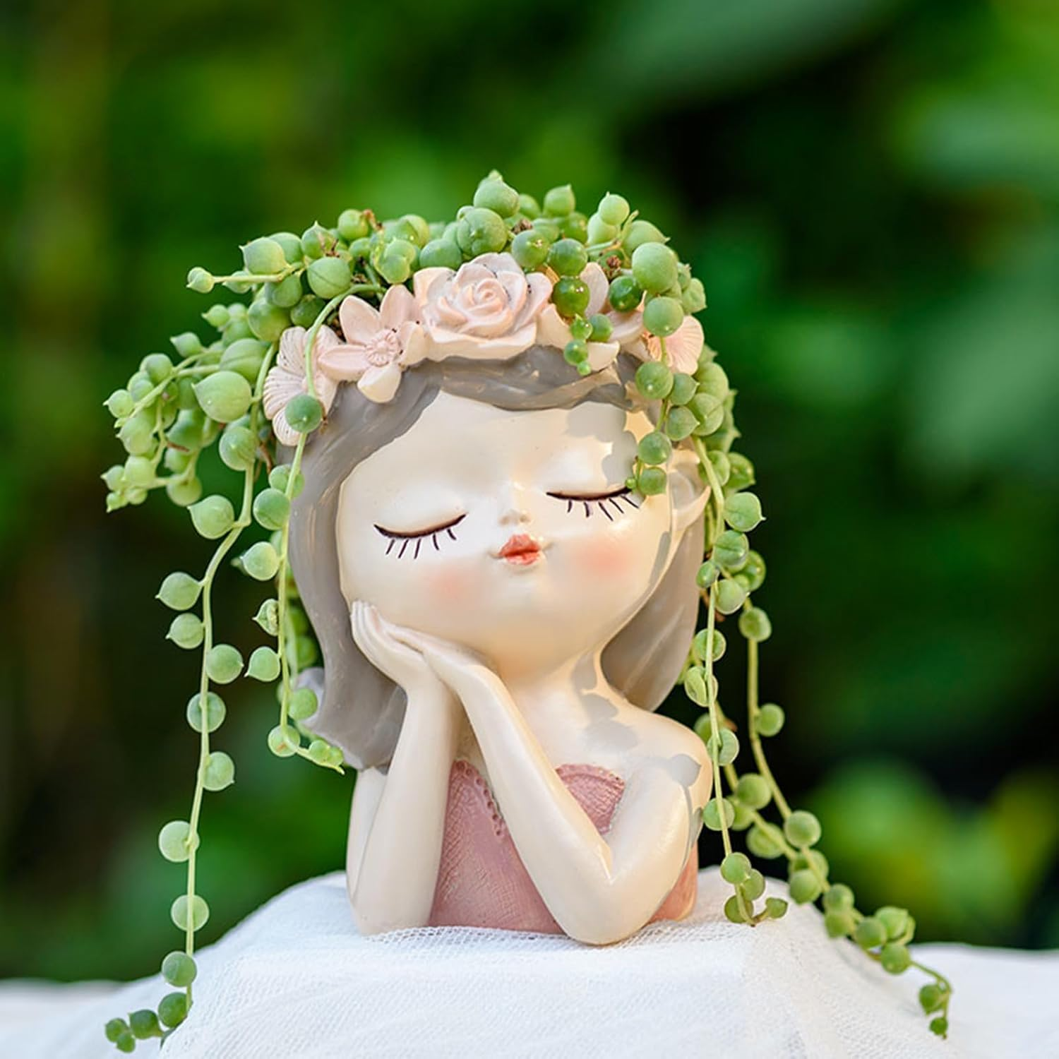 MYKAGS Cute Girl Face Resin Succulent Planter Pot with Drainage Hole, Ideal for Indoor/Outdoor Use, 7Cm W X 7Cm D X 11Cm H, Glossy Finish, Whimsical Style, 1 Count image number 3