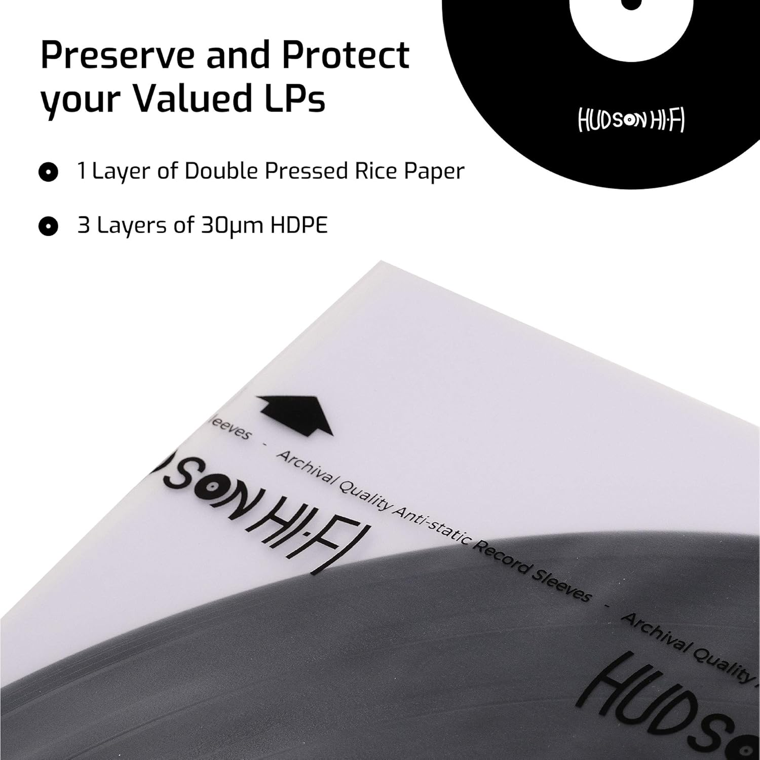 Hudson Hi-Fi Anti-Static Vinyl Record Inner Sleeves - Protective Vinyl Record Inner Sleeve 100- Pack - Protect Your LP Albums from Scratches, Dust & Dirt - Acid-Free Rice Paper Interior Disc Covers image number 2