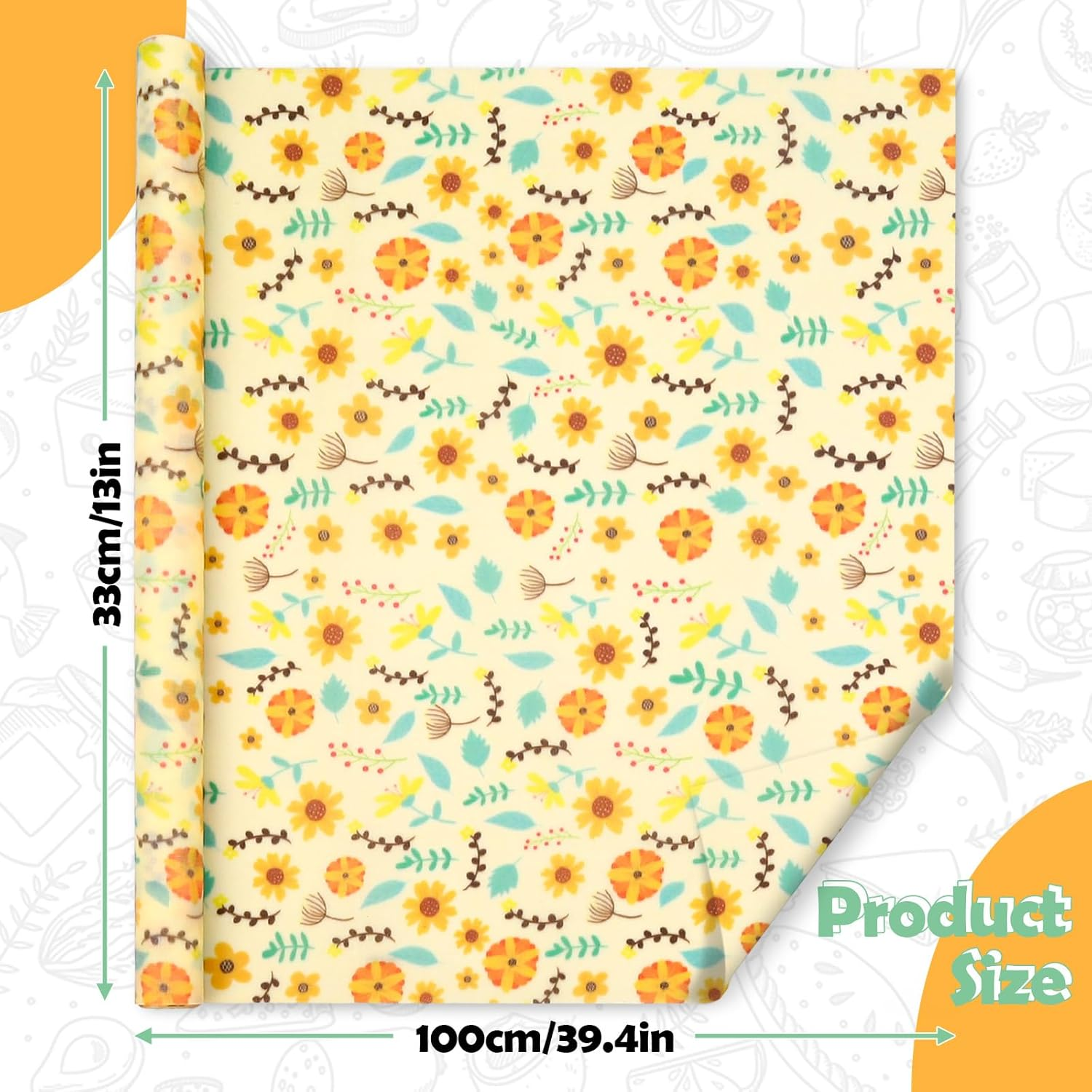Sekonow Beeswax Wraps for Food, Large 39.4&rsquo;&rsquo; X 13&rsquo;&rsquo; Beeswax Wrap Roll, Reusable Beeswax Paper Food Wrap for Bread Sandwich Wrapper Bowl Covers, Sunflower