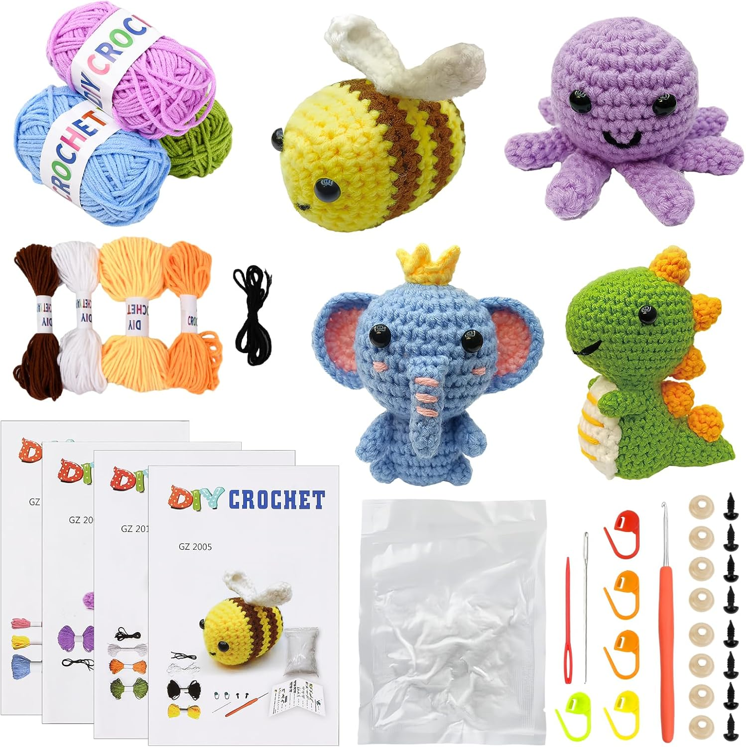 4 Pieces DIY Crochet Set with Crochet Pocket and Instructions, Knitting Set for Beginners, with 4 Different Animal Crochet Instructions (Elephant/Dinosaur/Bee/Octopus) for Beginners Animals image number 5
