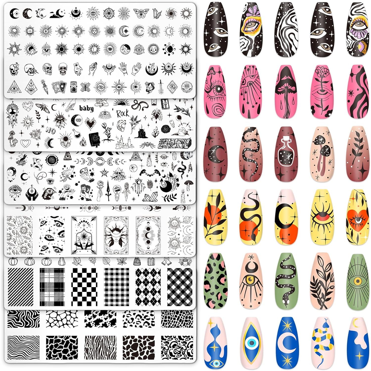 Whaline 6Pcs Gothic Nail Plates Stamping Set Skull Evil Eye Moon Stamp Templates Halloween Nail Art Plates for DIY Print Manicure Salon Design image number 4