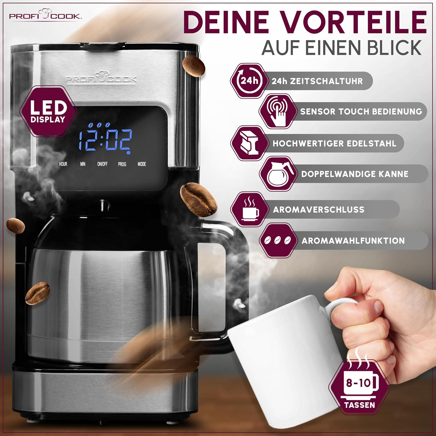 Profi Cook PC-KA 1191 Coffee Machine, 8-10 Cups, Timer, Sensor Touch Control, Double-Walled Thermos Flask with 1.2 Litre Volume, Aroma Closure, Stainless Steel Filter Coffee Machine, image number 5
