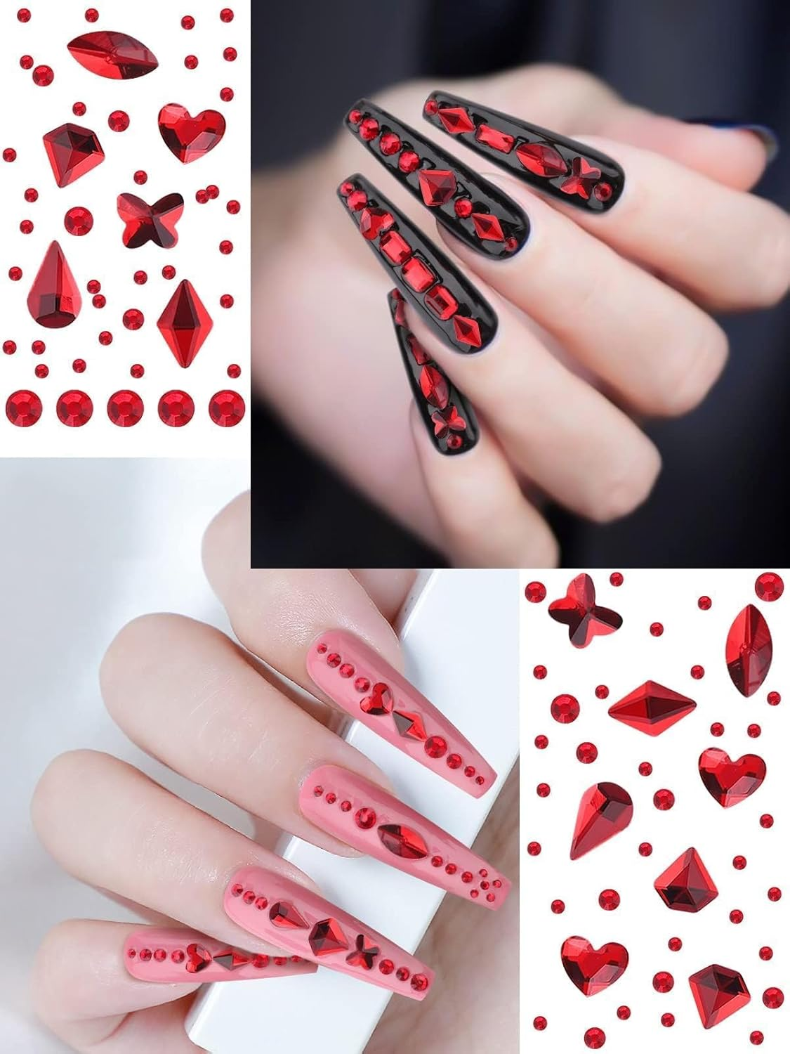 EBANKU Christmas Red Nail Rhinestones Hearts Butterfly round Shaped Nail Art Crystals Diamonds Flat Back Rhinestones 3D Diamond Stone Nail Gems with Tweezers for Halloween Christmas Valentine'S Day - Ab image number 6