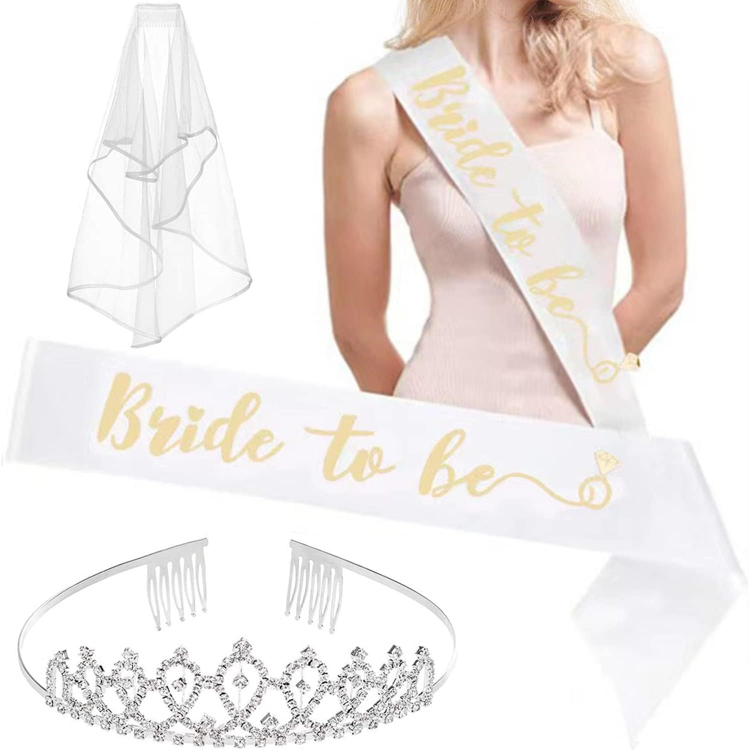 Bachelorette Party Bride to Be Decorations Kit with Bride to Sash & Silver Rhinestone Tiara & Veil, Bridal Shower Decorations Engagement Wedding Party Decorations