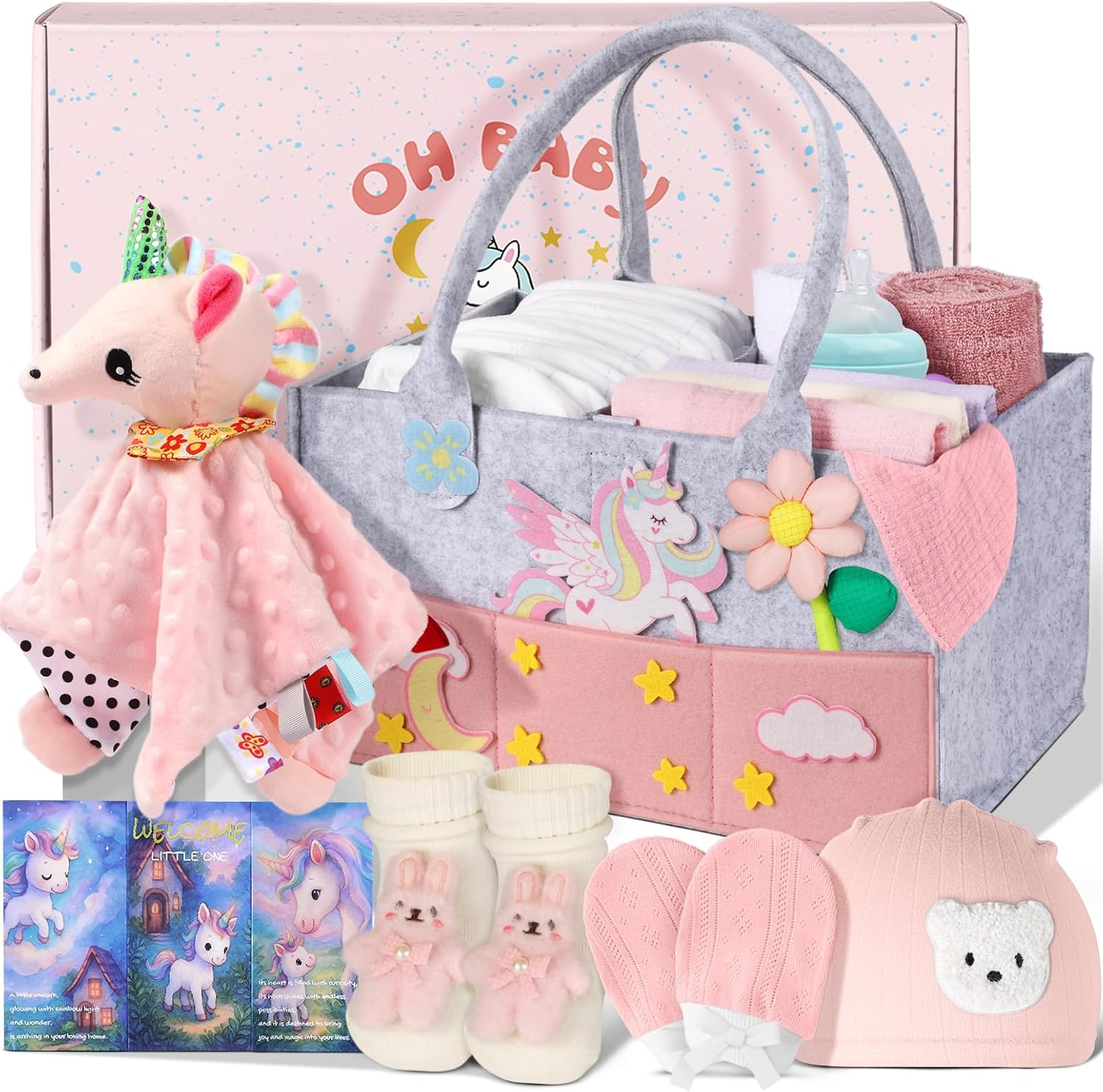 Coralogo Baby Shower Gift Basket - Baby Gift Set with Practical Diaper Caddy, Gifts for New Mom, Gender Reveal Gifts, New Born Essential Include Security Blanket Hat Bib Socks Mittens, Boy