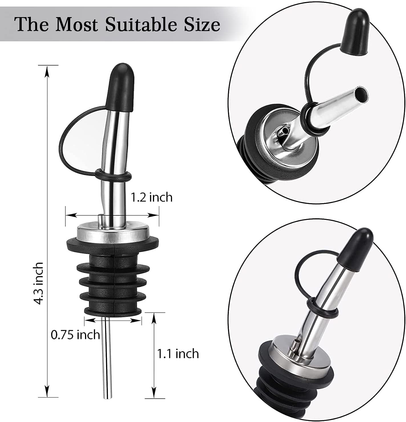 Wine Bottle Pourer 6 Piece Stainless Steel Wine Bottle Pourer with Rubber Dust Cap Conical Spout, Quick Pourer Olive Oil Bottle Conical Spout Pourer, Classic Bar Accessories Wineware Parts (With Cleaning Brush and Folding Funnel) image number 2