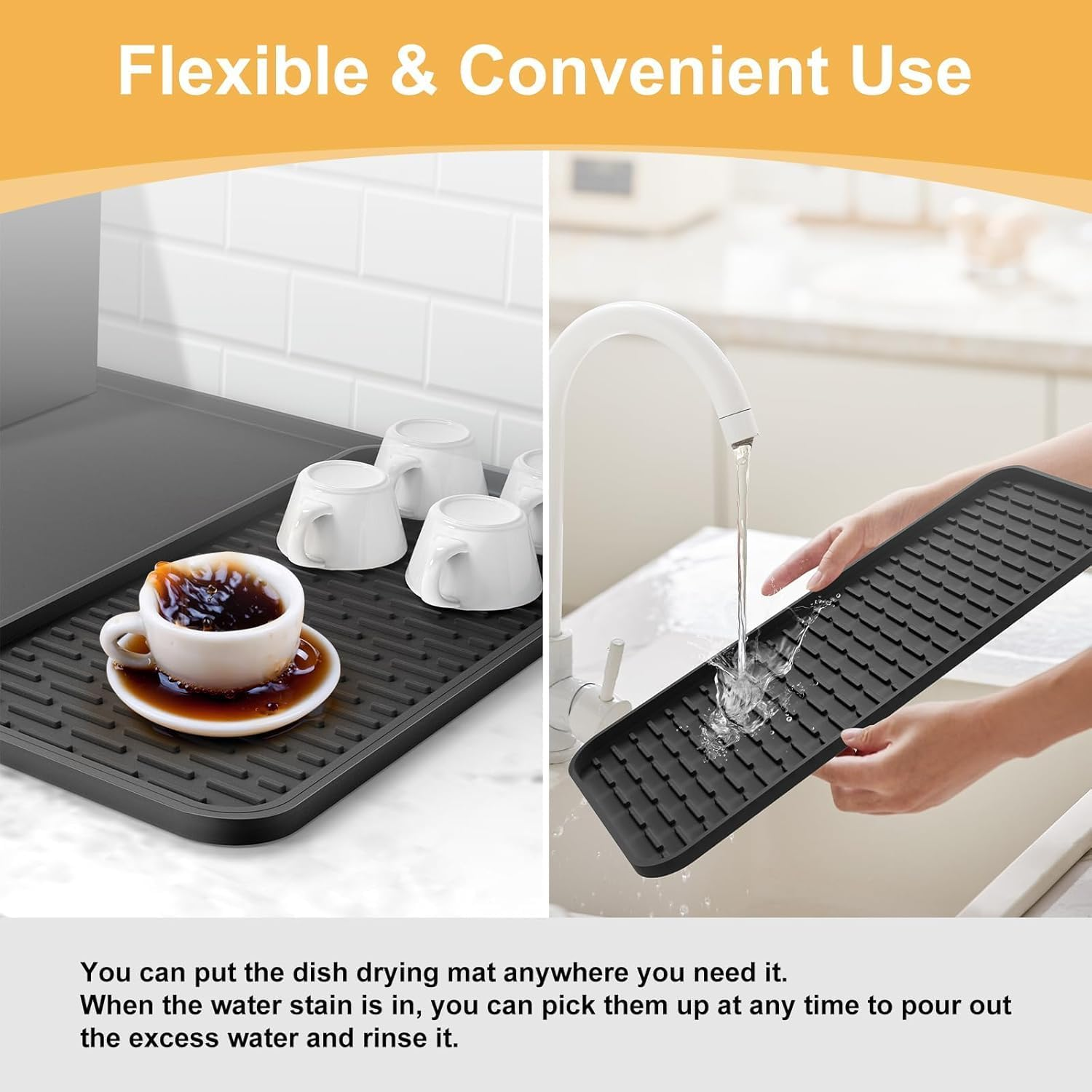 Silicone Coffee Mat, 24'' X 16'' Coffee Accessories,Coffee Bar Mat with Detachable Dish Drying Mat for Kitchen Countertops,Fit for Coffee Maker Machine, Coffee Pot ,Espresso Machine ,Gray