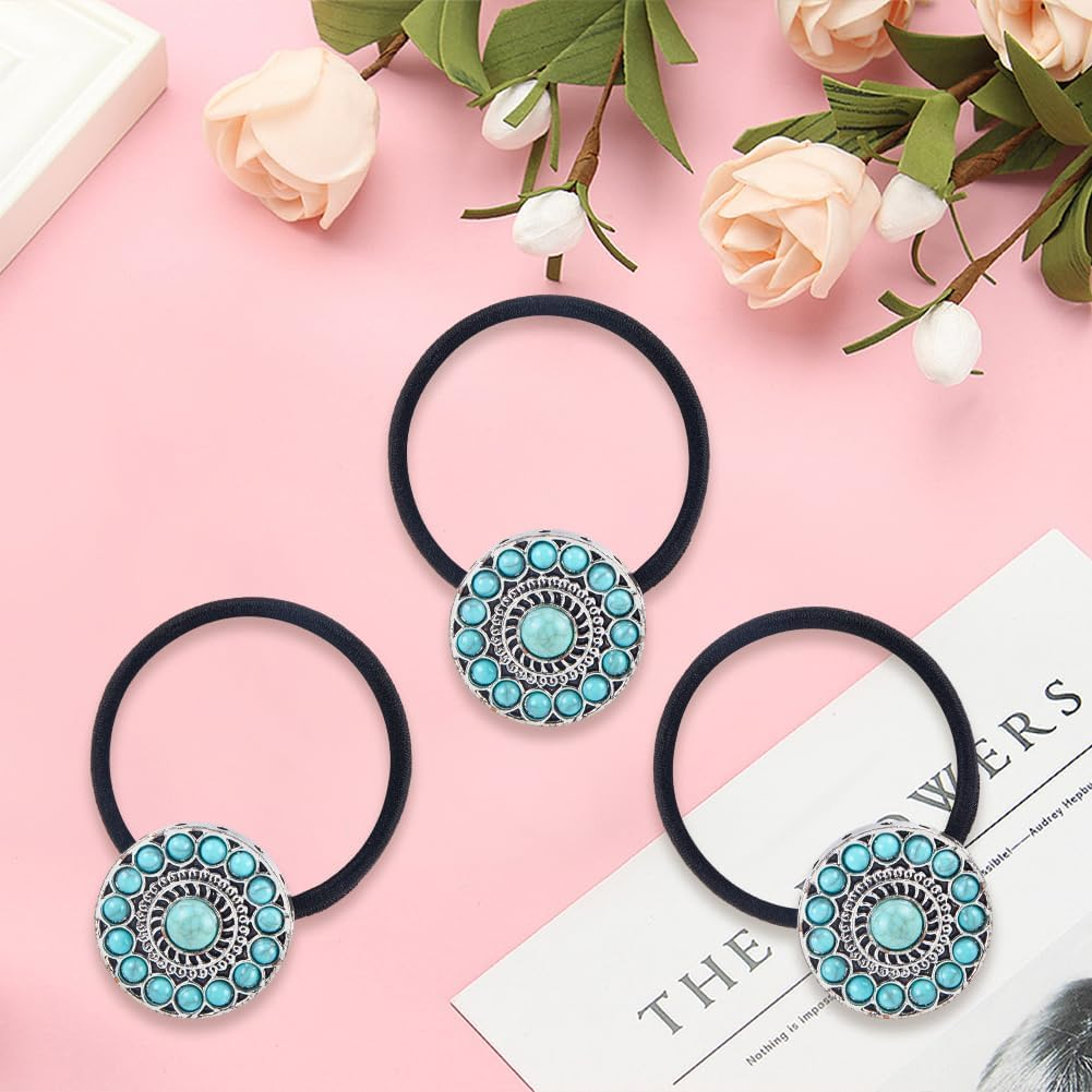 CABODYALS Pack of 3 Boho Western Style Circular Ponytail Holders Metal Turquoise Decorative Hair Bobbles Bracelet Vintage Cowgirl Elastic Hair Bands Rope for Women Outfit Ceremony Party Accessories image number 4