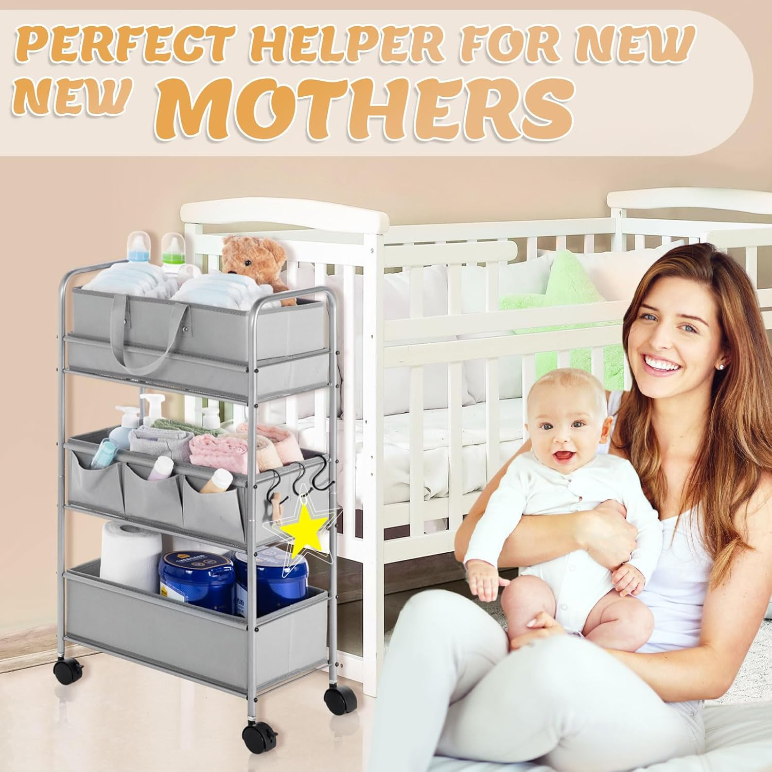 Honeydak 2In1 Baby Diaper Caddy Organizer Cart 3 Tier Large Capacity Metal Utility Bedside Rolling Cart with Divider for Newborn Nursery Essential Must Have for Crib Bedroom Baby Shower(Gray) image number 3