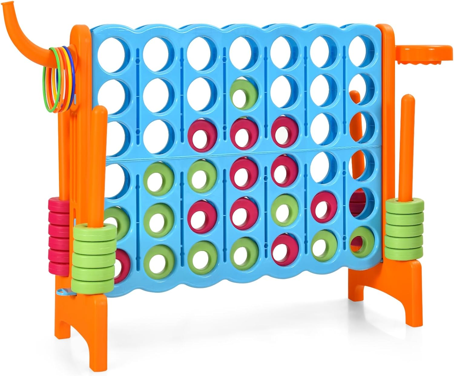 Costway Giant 4-In-A Row, Jumbo 4-To-Score Giant Game Set for Kids & Adults, Indoor Outdoor Family Connect Game W/Basketball Hoop, Ring Game, 42 Jumbo Rings, Quick-Release Slider (Red)