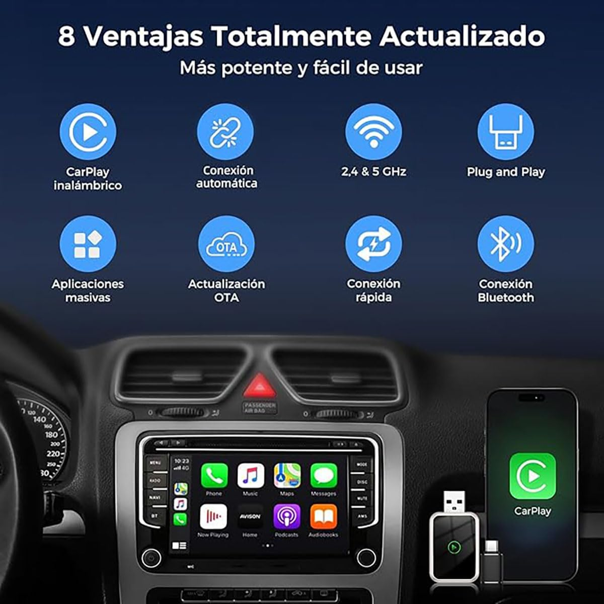Wireless Carplay Adapter，Suitable Iphone/Android,2 in 1 Upgrade Wireless Auto Adapter, Dongle Plug and Play, No Delay,For Iphone Ios 10+/ Android 11+/ Cars（Champagne）
