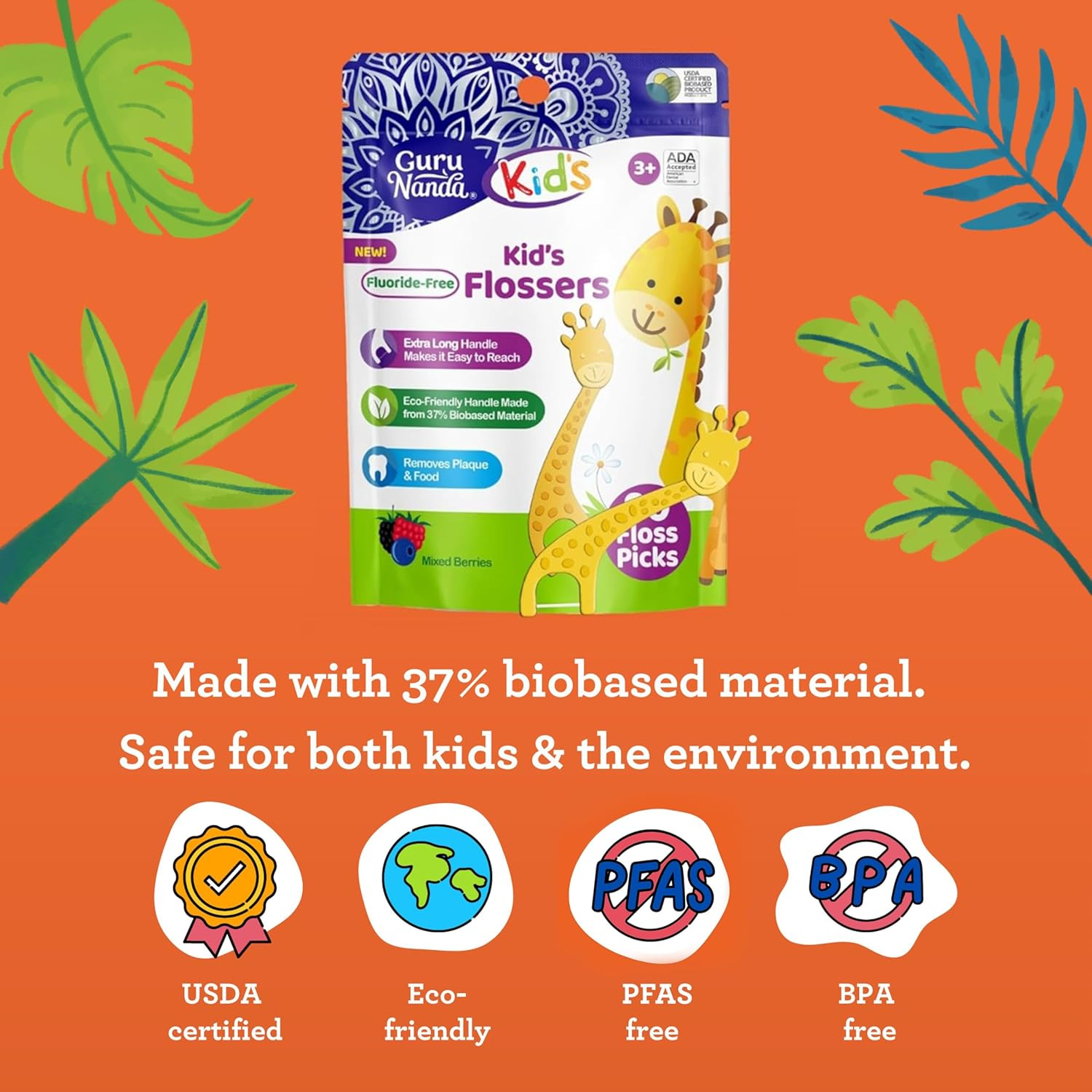 Gurunanda Dental Floss Picks for Kids, Extra-Long Giraffe-Shaped Picks with Fluoride, Anti-Slip & Shred-Resistant Design & Eco-Friendly Handle & Berry Flavor, Ideal for Ages 3+, 40 Count (Pack of 1) image number 2