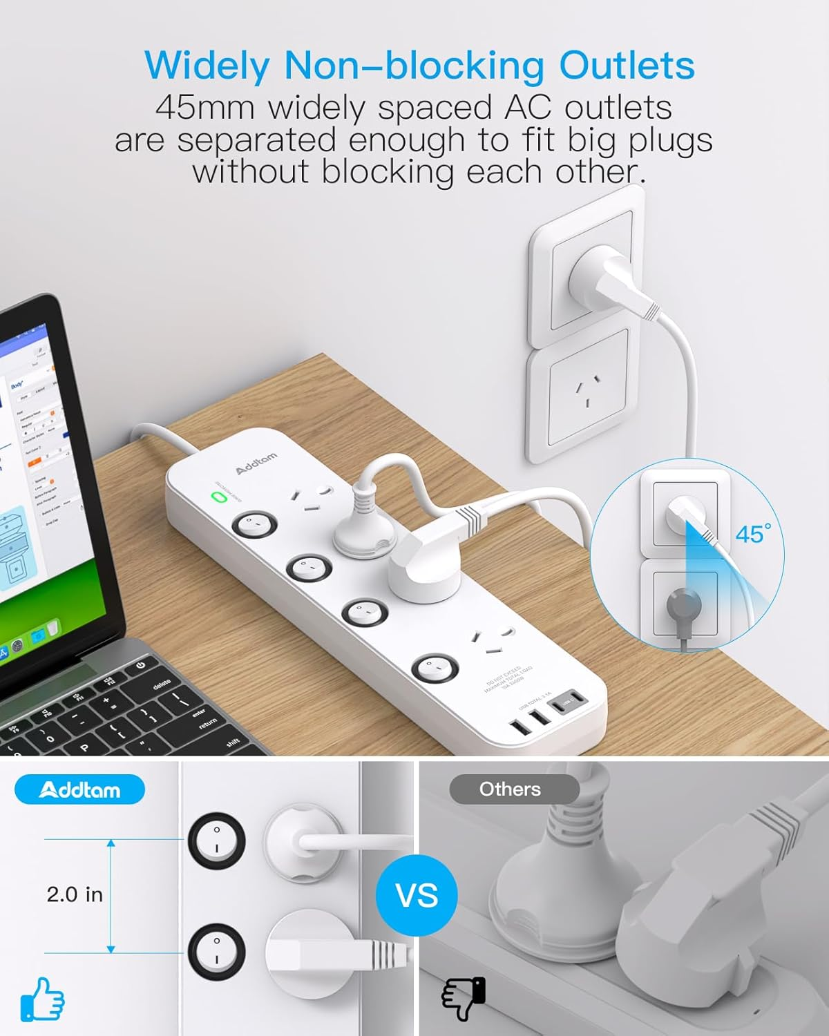 Addtam Power Board Individual Switch,Power Strip with 4 AC Outlets, 2 USB a and 2 USB C,Surge Protector 1.2M Extension Cord, 350 Joules,Overload Protection,Powerboard for Home and Office Use (White) image number 5