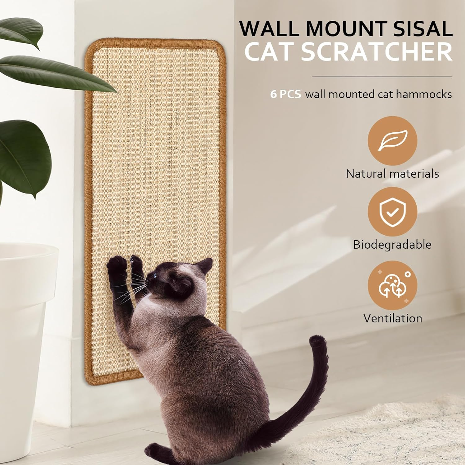 Mixweer 6 Pcs Wall Mounted Cat Scratching Post with Hook and Loop Strips, 9.8 X 19.7 Inch Sisal Cat Scratching Pad Scratch Mat Cat Scratch Pad Rug for Couch Wall Window Perch Wall Furniture image number 5