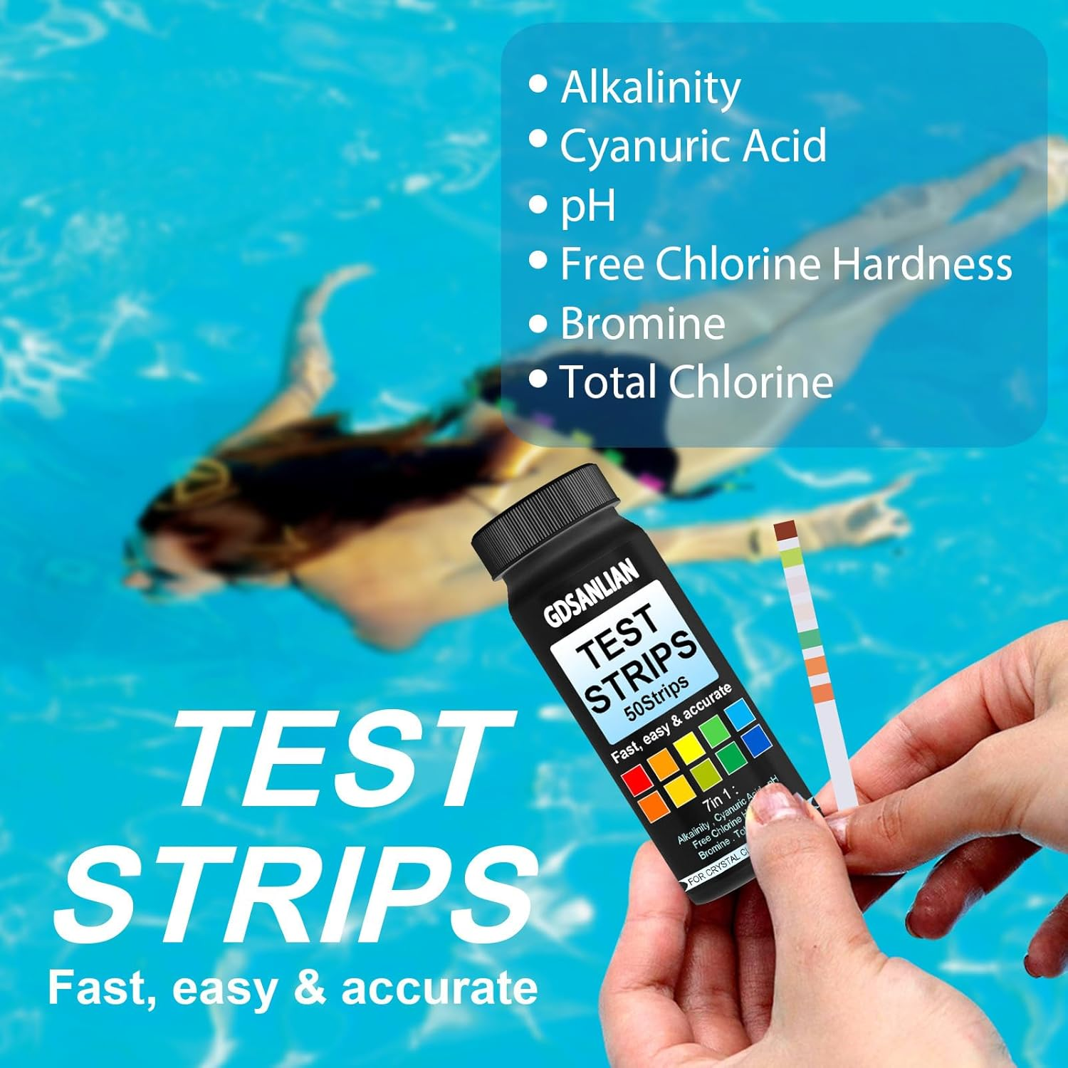 Gdsanlian 7-In-1 Professional Water Test Strips 50 Strips &ndash; Instant Pool/Spa/Drinking Water Testing Kit for Ph,Chlorine (Total/Free),Hardness,Alkalinity,Bromine & Cyanuric Acid | Lab-Accurate Results image number 2