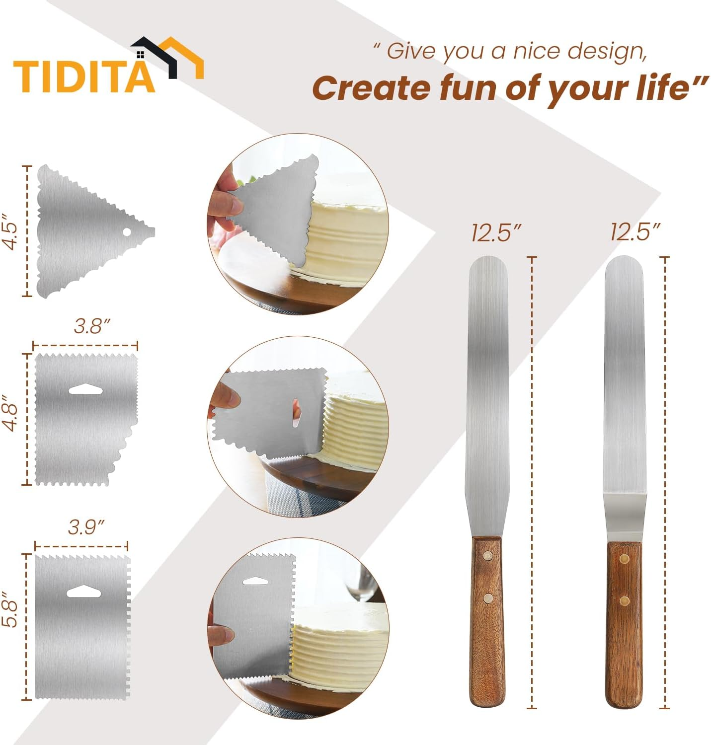 TIDITA 33 Cm Acacia Cake Stand Rotating &ndash; Rustic Cake Stand Set Turntable with 2 Icing Spatulas, 3 Smoothers &ndash; Wooden Revolving Spinner Cake Decorating Supplies - Use at Parties, Wedding (Acacia Wood) image number 6