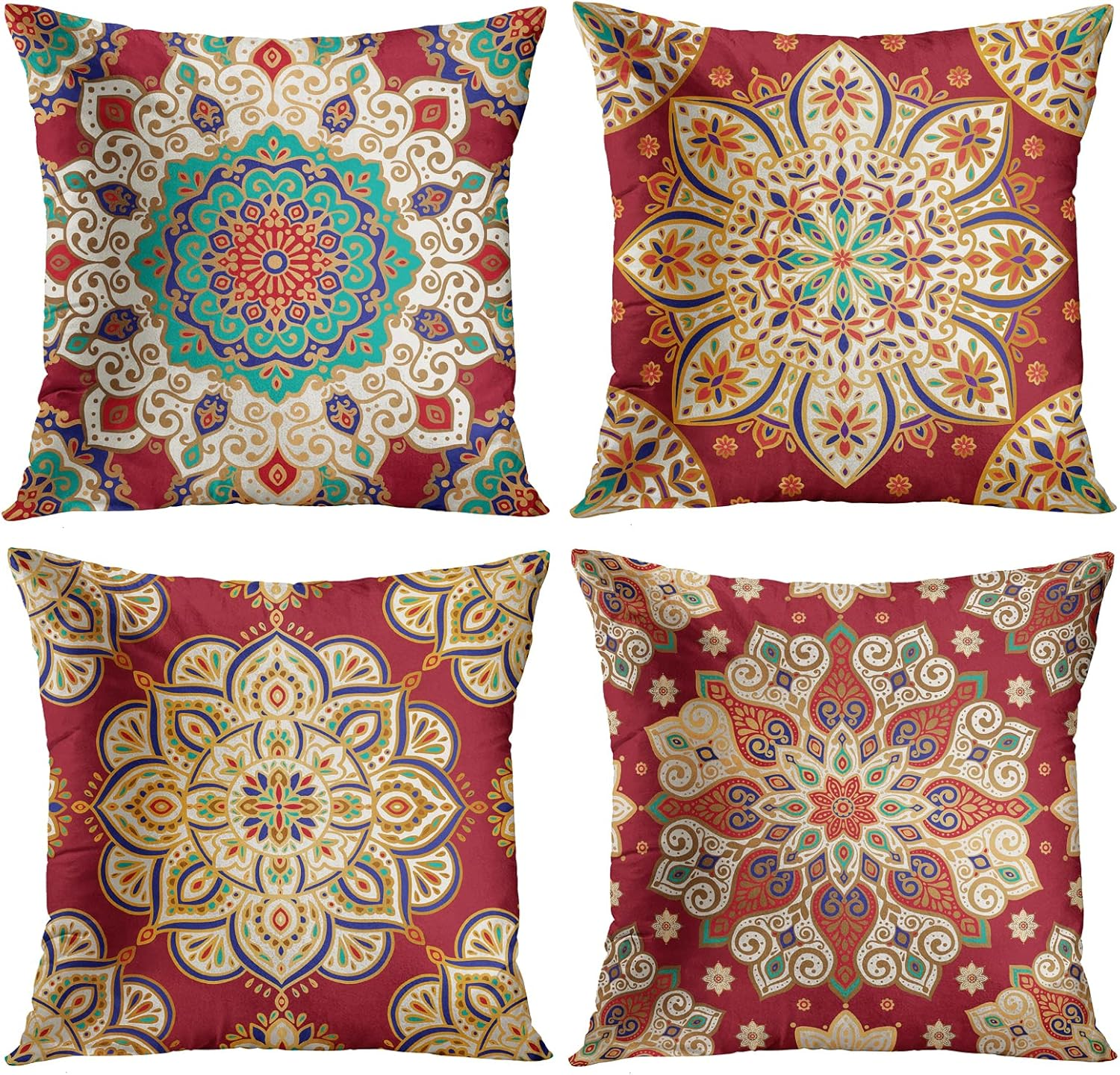 Britimes Throw Pillow Covers, Red Mandala Ethnic Flower Home Decor Set of 4 Pillow Cases, 18 X 18 Inches Sofa Cushion Couch Sofa Pillowcases Decorative