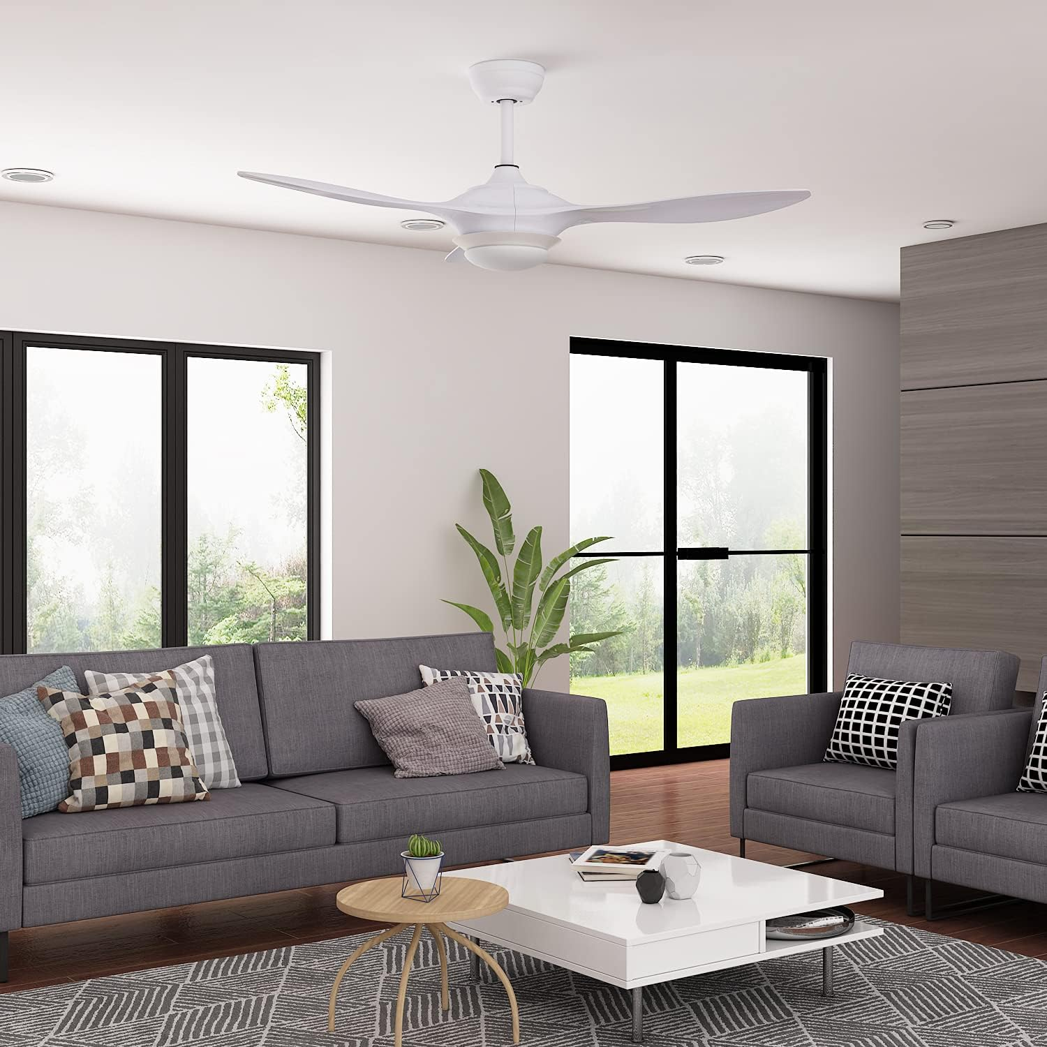 ELEGANT White Ceiling Fans with Remote Control and LED Color Change Light, 4 Reversible Blades 3-Speed, Timer, 48 Inch, Quiet AC Motor Fan Lighting for Living Room