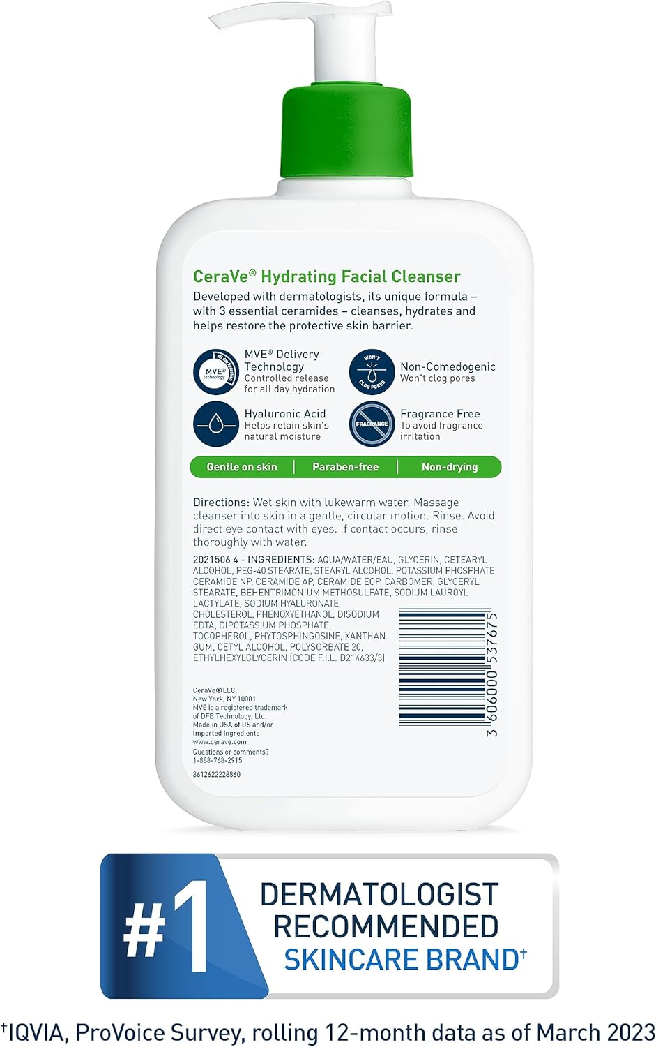 Cerave Hydrating Facial Cleanser | Moisturizing Face Wash for Dry Skin | Hyaluronic Acid + Ceramides + Glycerin | Hydrating Cleanser for Normal to Dry Skin | National Eczema Association Certified image number 1