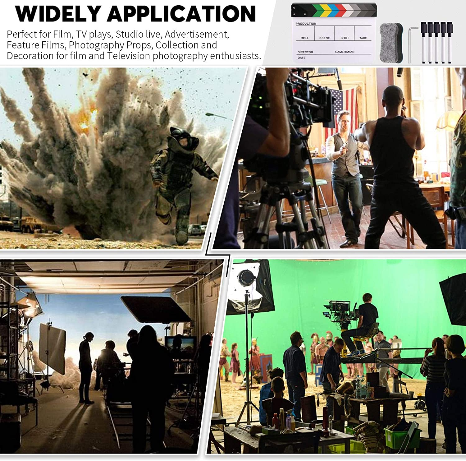Rustark Movie Film Clap Board, Acrylic 10"X12" Acrylic Dry Erase Director Clapboard, Professional Photography Studio Video TV Cut Action Scene Clapper Board with 5 Pcs Erasable Pen image number 2