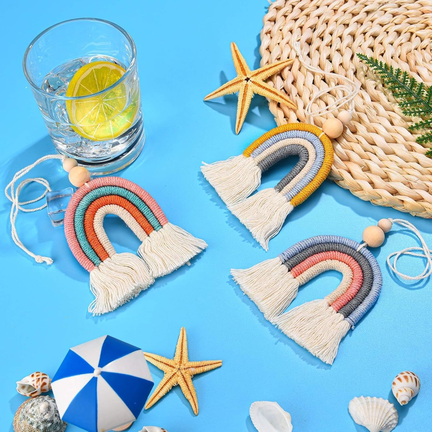 3 Pieces Boho Rainbow Car Charm Macrame Rainbow Car Diffuser Cute Car Air Fresheners Essential Oil Diffuser Handmade Hanging Car Accessories Decor for Car Interior (Bright Colors) image number 3